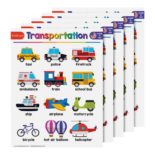 Transportation Chart for Preschool to Grade 1 – Bright and Colorful Educational Visual/Learning Aid Poster Decoration for Classroom or Home | Glossy, Durable Cardstock | 8.5" x 11" | 5 per Pack