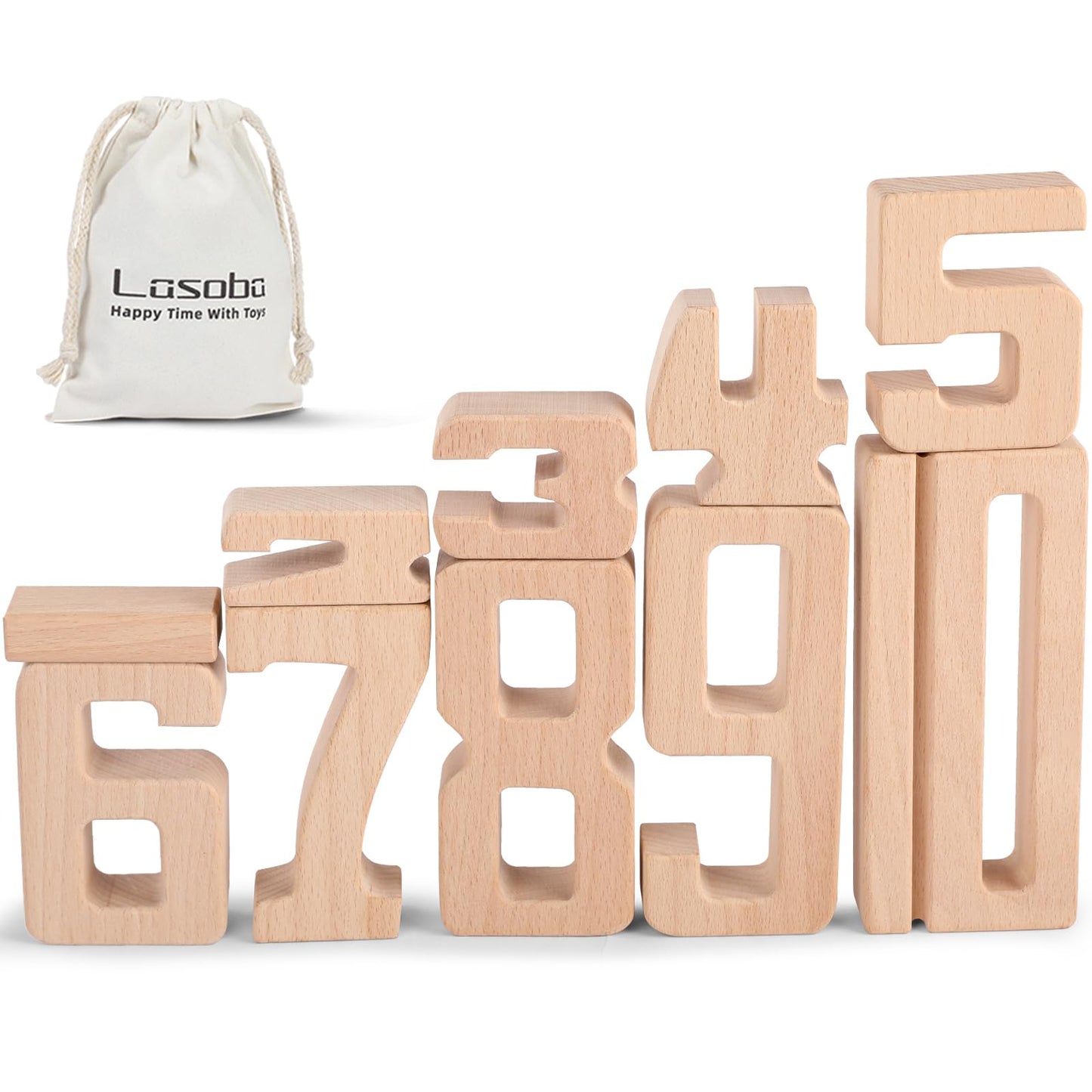 Lasoba Wooden Number Building Blocks, Large Digit Blocks 1-10, 10 Pcs Math Blocks Number Toys for Kids, Educational Blocks for Toddlers, Toys to Learn Numbers for 3 Year Olds +