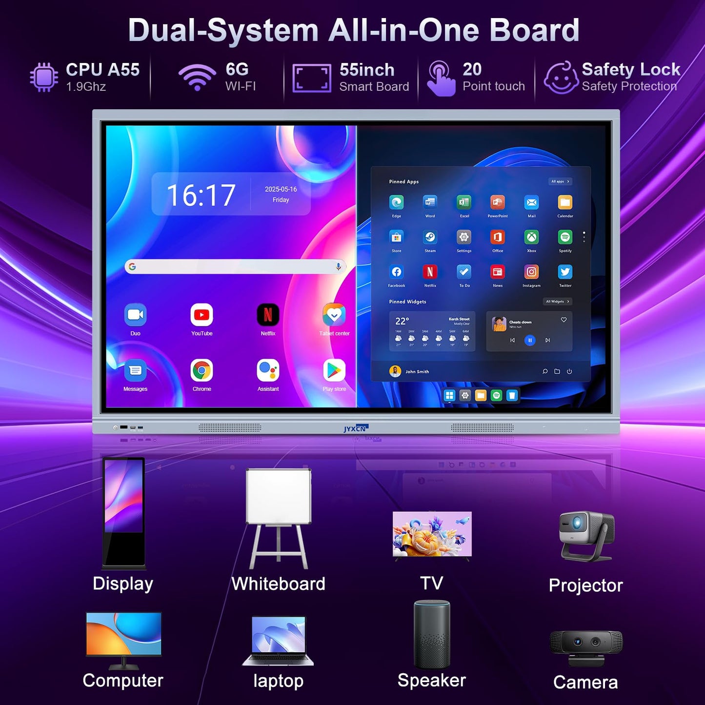 55" Smart Board, 8 + 256 GB Digital Interactive Whiteboard Display Built-in Windows10 & Android 11 Dual System with 4K Touchscreen, Electronic Smartboard for Classroom Office Home (Board Only)