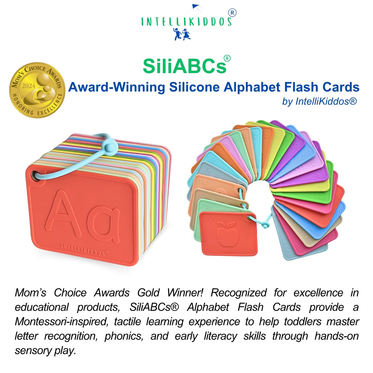 INTELLIKIDDOS SiliABCs Alphabet Flash Cards, Non-Toxic Silicone Alphabet Flash Cards for Toddlers 1-3, Montessori Toddler Preschool Alphabet Learning Activities, Dishwasher Safe Soft Baby ABC Cards