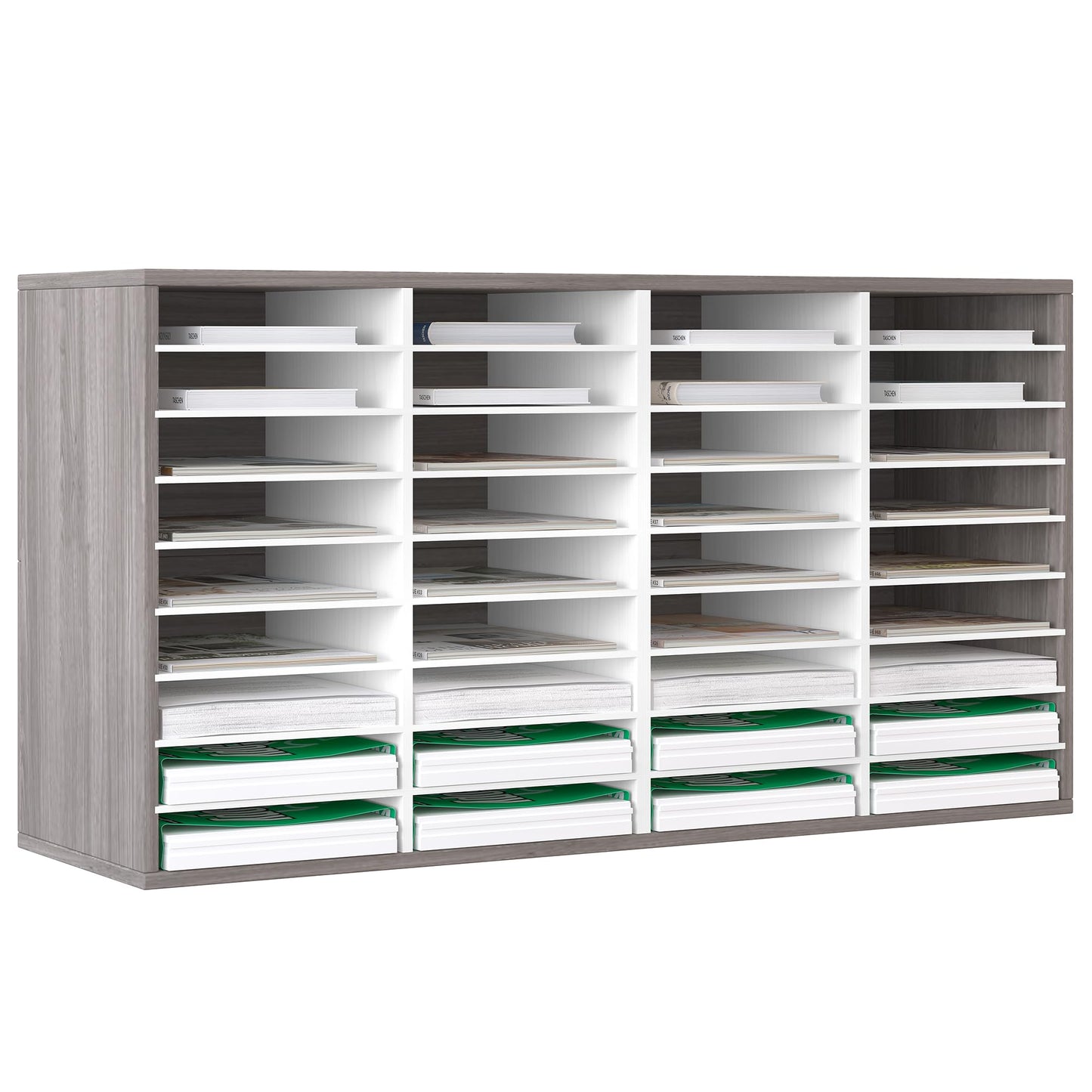 EasyPAG Wooden Literature Organizer with Adjustable Shelves, 36 Compartments Office Paper Organizer Storage 18000 Sheets Letter Size Paper, Student Mailbox for Classroom, Retro Gray/White