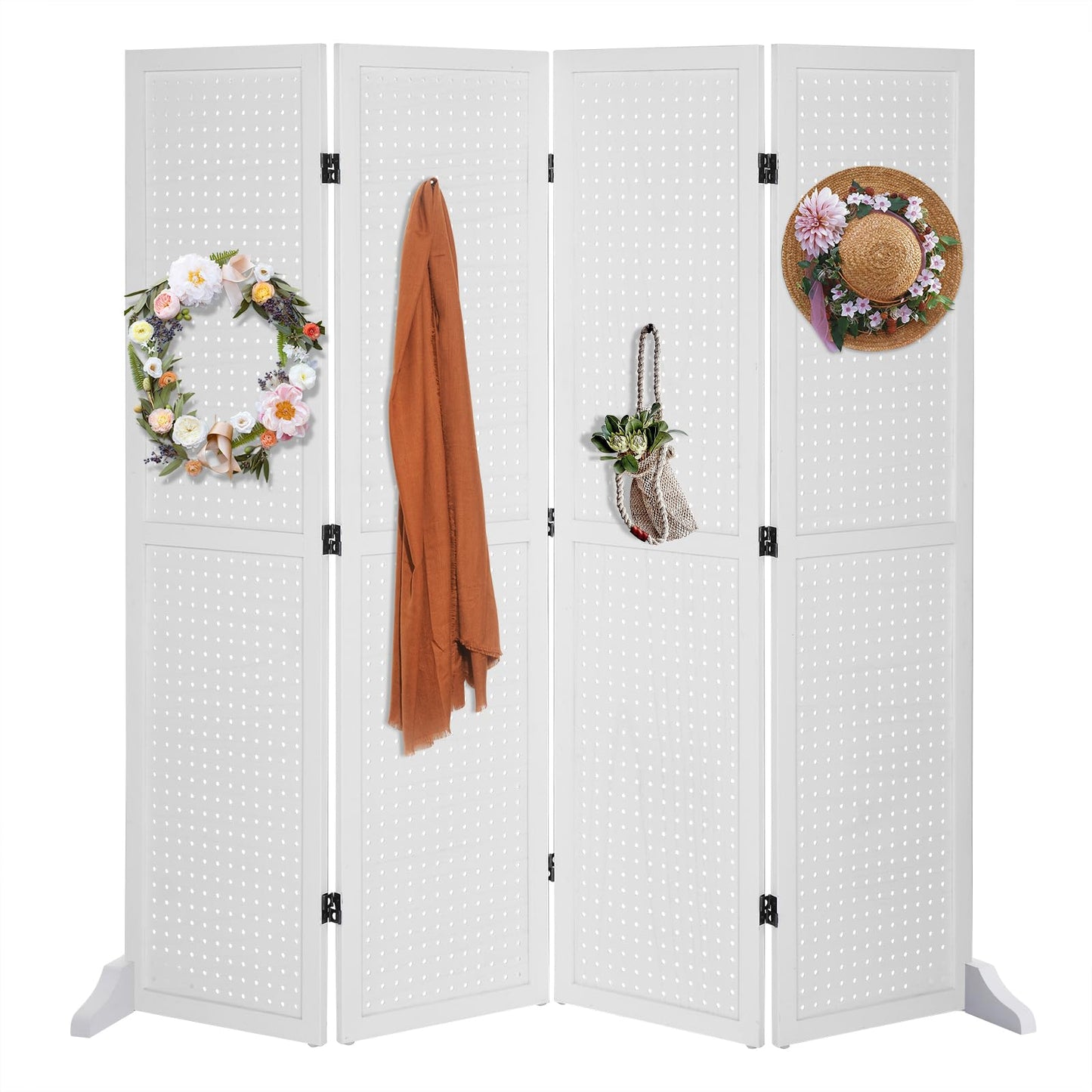 Bonnlo 4 Panel Pegboard Freestanding, 5 FT Portable Display Board Organizer for Craft Show Jewelry, Wooden Folding Privacy Screen Room Divider (with Base, White)