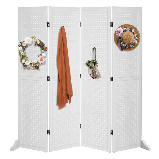 Bonnlo 4 Panel Pegboard Freestanding, 5 FT Portable Display Board Organizer for Craft Show Jewelry, Wooden Folding Privacy Screen Room Divider (with Base, White)