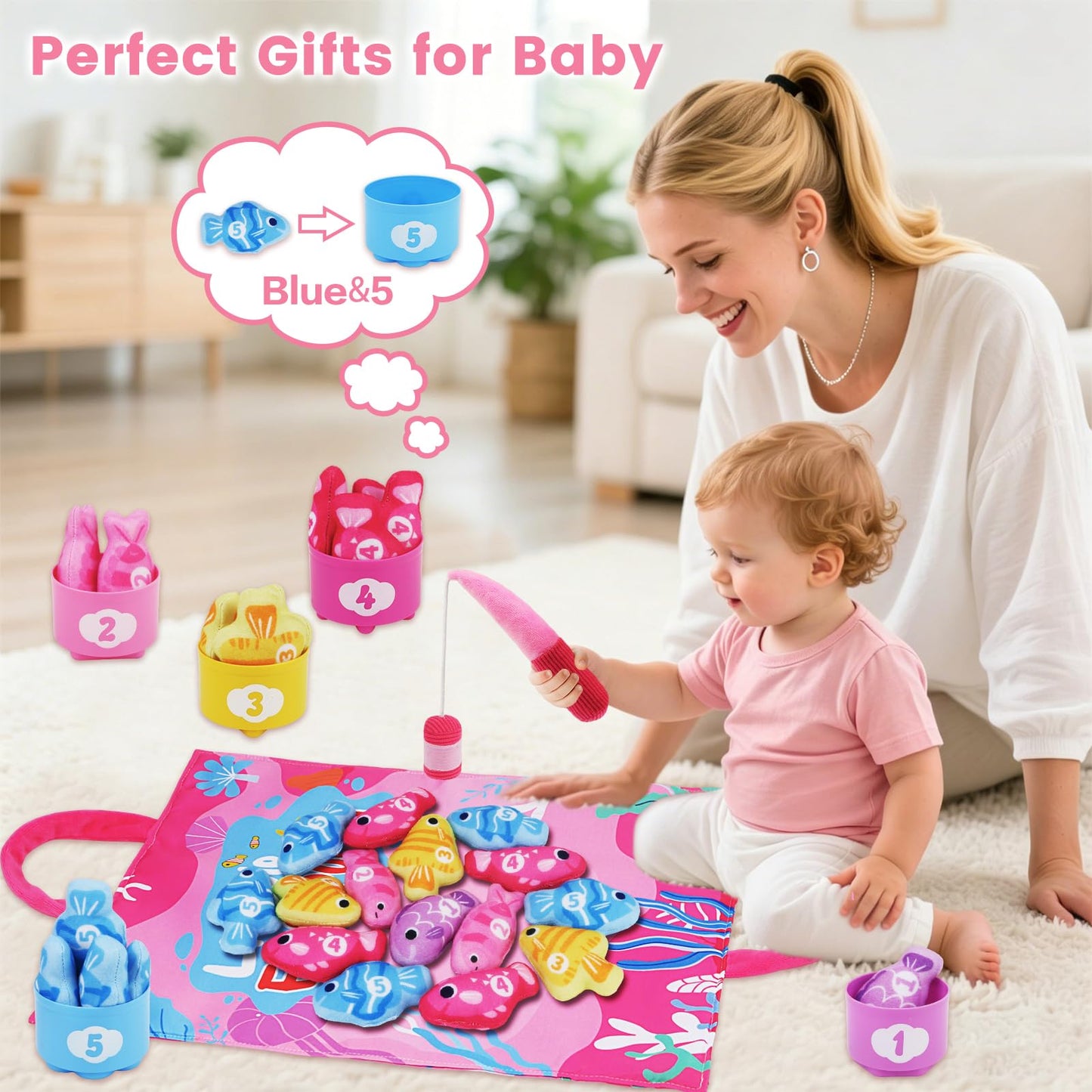 Montessori Toys for 1 Year Old Girl Gifts - Cloth Fishing Game with Stacking Cups Toddler Toys Age 1-2 - One Year Old Boy Girl First Birthday Gift - Sorting Learning Baby Toy 12-18 Months Toddlers 1-3