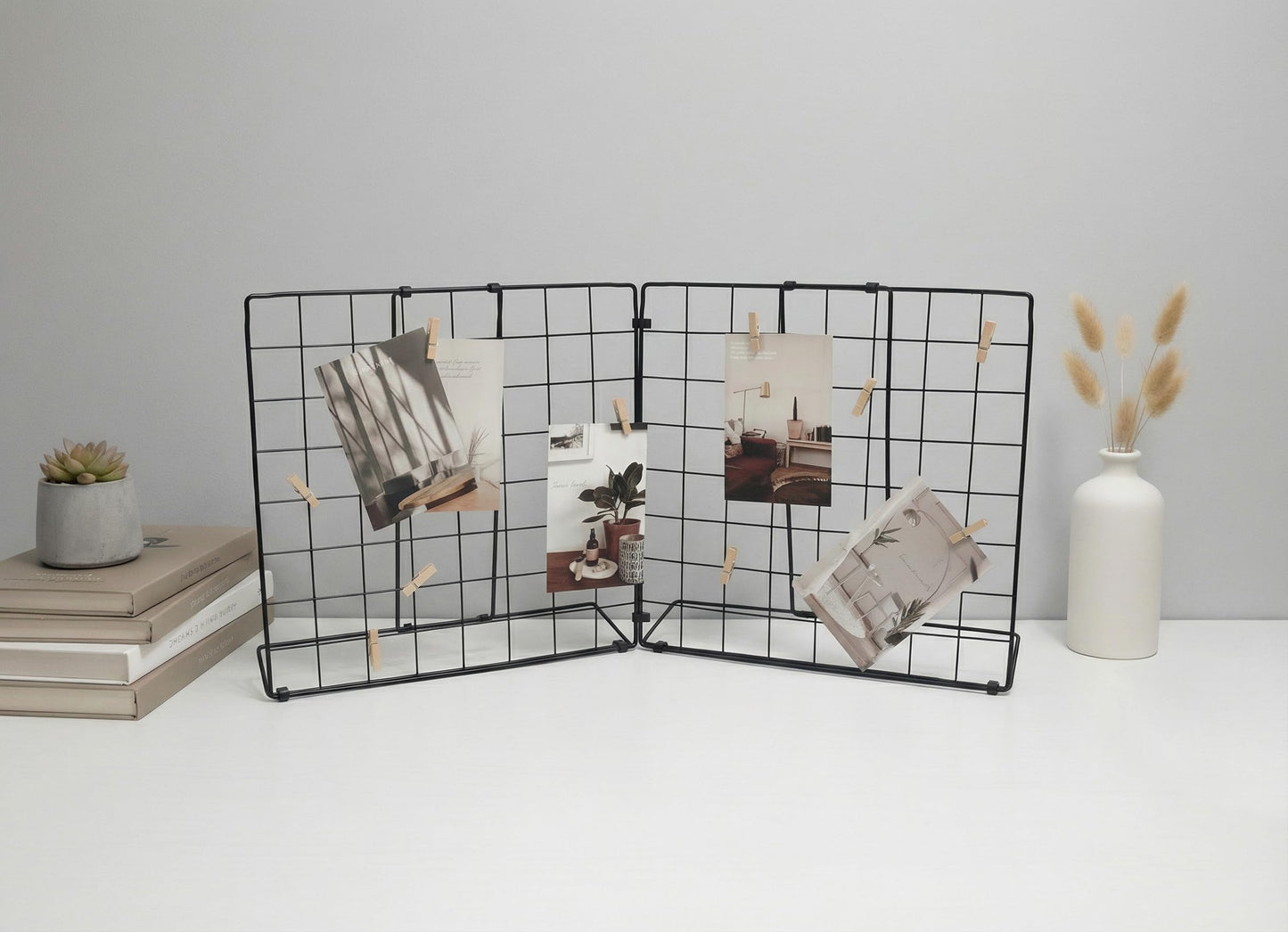 JAJAGOU Foldable Desktop Photo Display Rack & Grid Display Board with 20 Wooden Clips – Photo, Accessory & Handcraft Display Organizer for Home Office Black