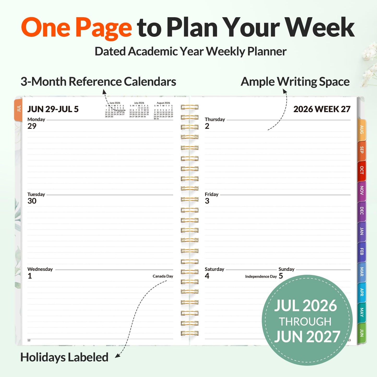 SUNEE Academic Planner 2026-2027 – Weekly & Monthly Planner, July 2026 to June 2027, 6.4"x8.3", Thick Paper, Tabs, Pockets, Bookmark, Spiral-Bound, Student Teacher Organizer, Greenery