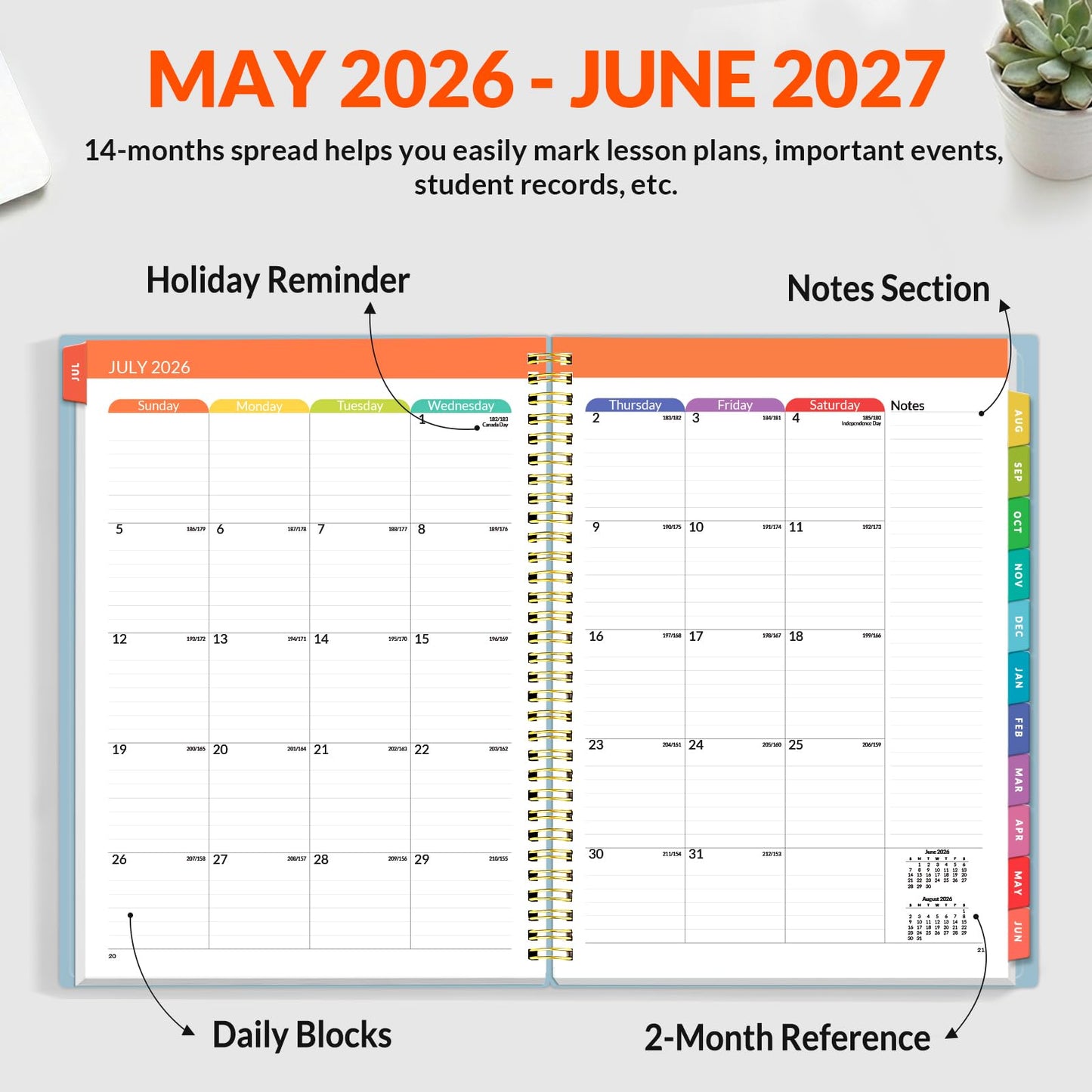 SUNEE Teacher Planner 2026-2027 Academic Year, Lite Lesson Planner Book with 7 Periods Jul 2026 - Jun 2027, 8.5"x11" Daily Weekly and Monthly Organizers, Plan Book with Pocket Folder, Color Tabs,Blue