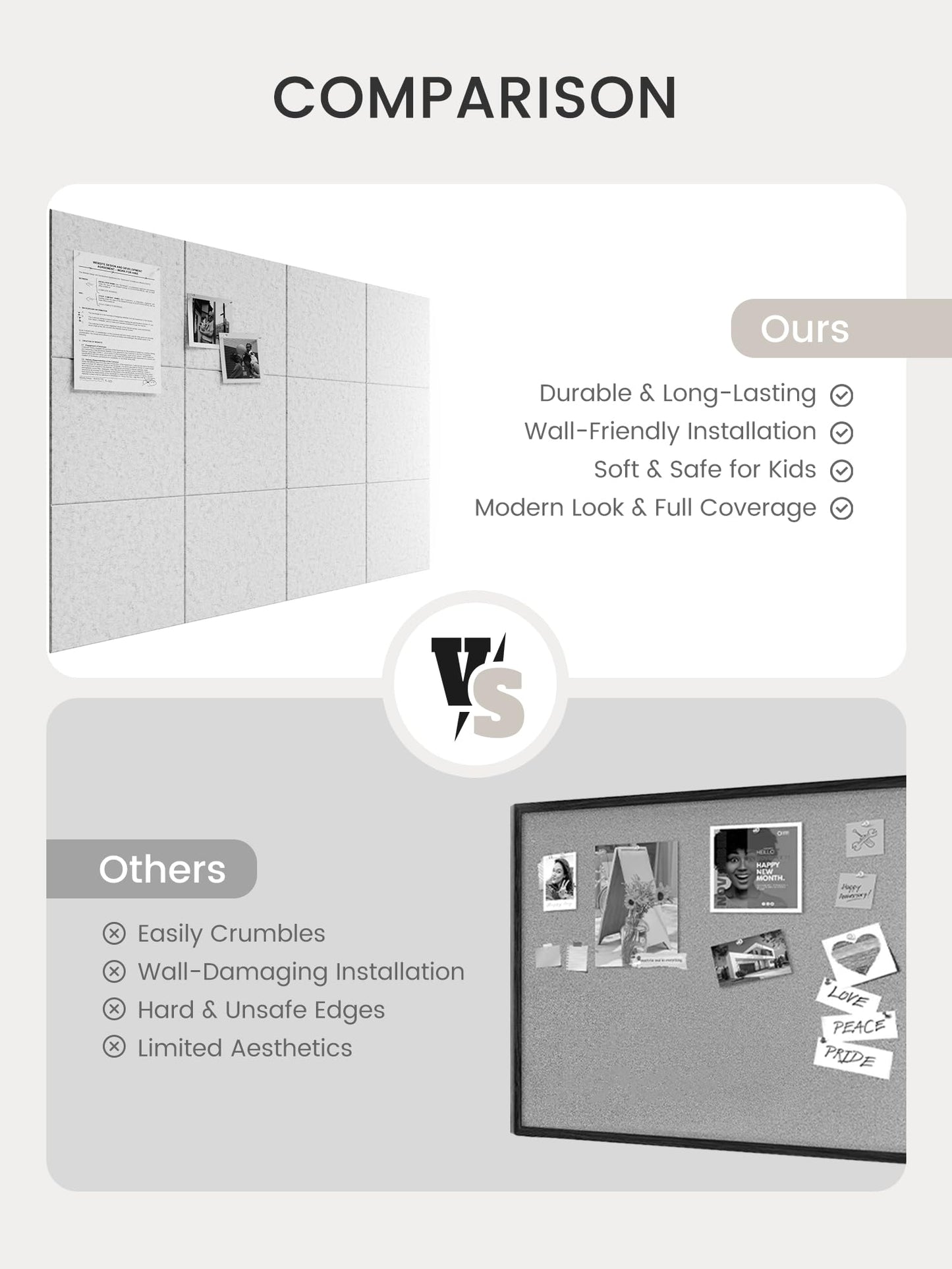 Bumusty Large Cork Board 48" x 36" Alternative - 12 Pack Felt Wall Tiles with 70 Safe Removable Adhesive Tabs, 30 Pushpins, Cork Boards for Walls Pin Board Bulletin Board Office Decor (Light Gray)
