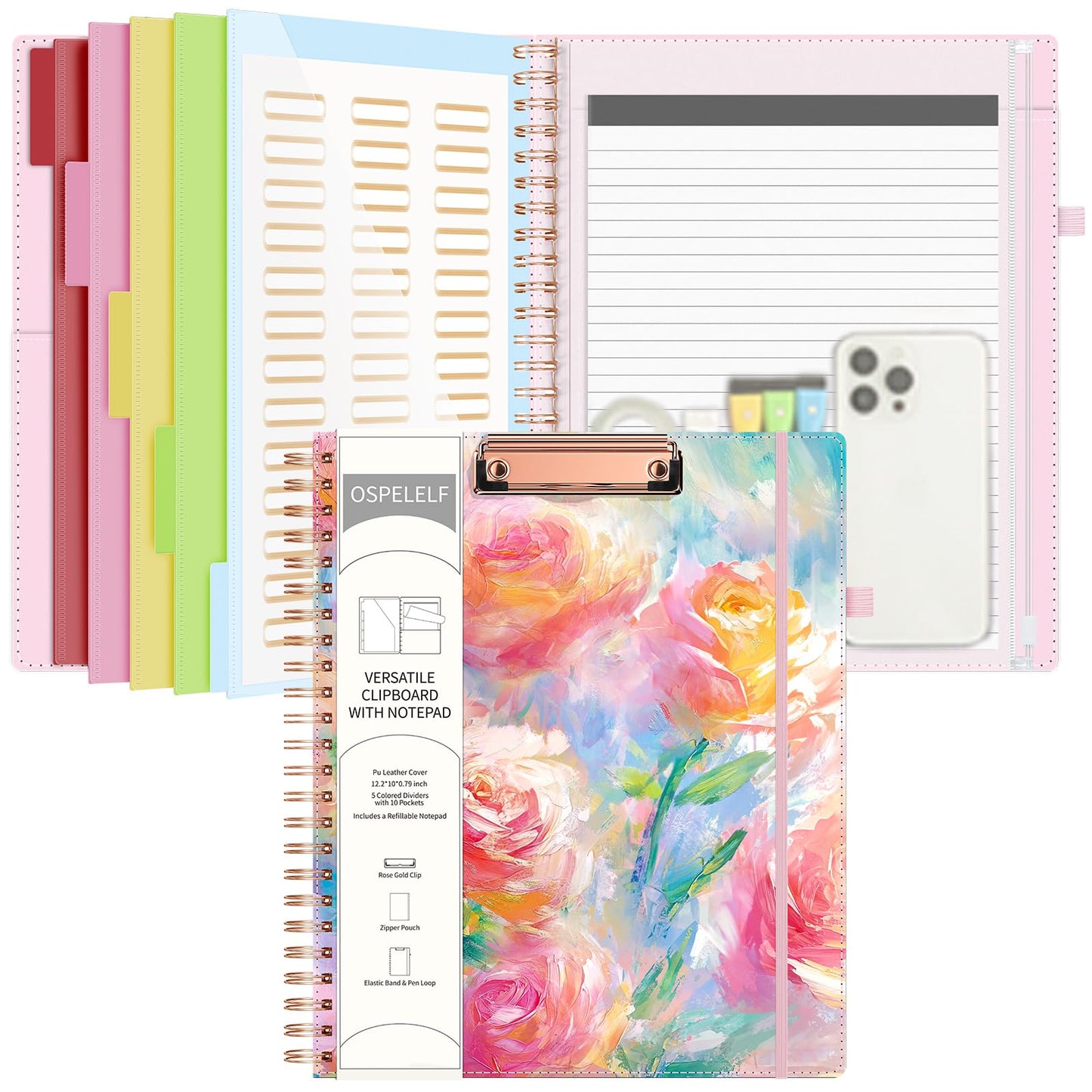 Ospelelf Pink Foldable Spiral Clipboard Folio with with Storage Zipper Pouch, 5 Plastic Folders with 10 Pockets, Leather Clipboard Folder with Notepad, 39 Divider Label Stickers (Rose)