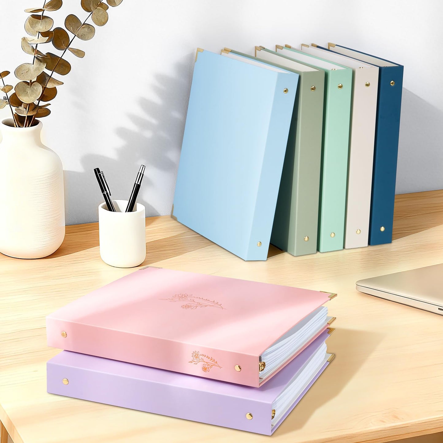 Sooez 2 Pack 3 Ring Binder with Metal Corners, Cute 1 Inch Binders Fits 175 Sheets of Paperwork, Three Ring Recipe Binder with Pocket for Women School Office Supplies, 8.5" x 11", Pink & Light Blue