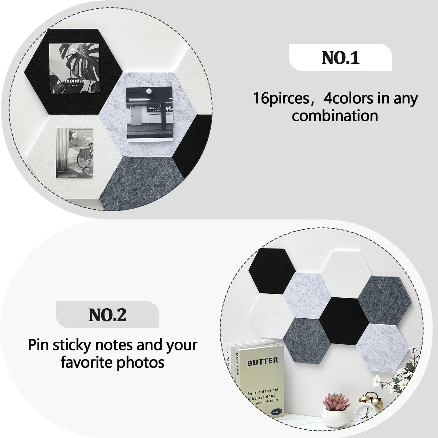 Mindsoft 16 Pcs Hexagon Cork Board for Walls with 50 Wooden Push Pins 6.7 x 5.9 in Felt DIY Tiles Notice with Nano Tape Hanging Bulletin Board for Home Photo Office Memo Note(Grey)