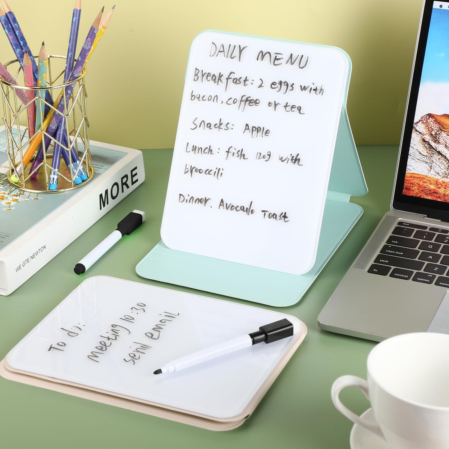 Dunzoom 2 Sets 4 Pcs Small Glass Desktop Whiteboard with Reversable Stand 8x6 Inch Mini Dry Erase White Board Easel with 2 Markers Reusable Desk Notepad for Home Office School Supplies (White,Green)