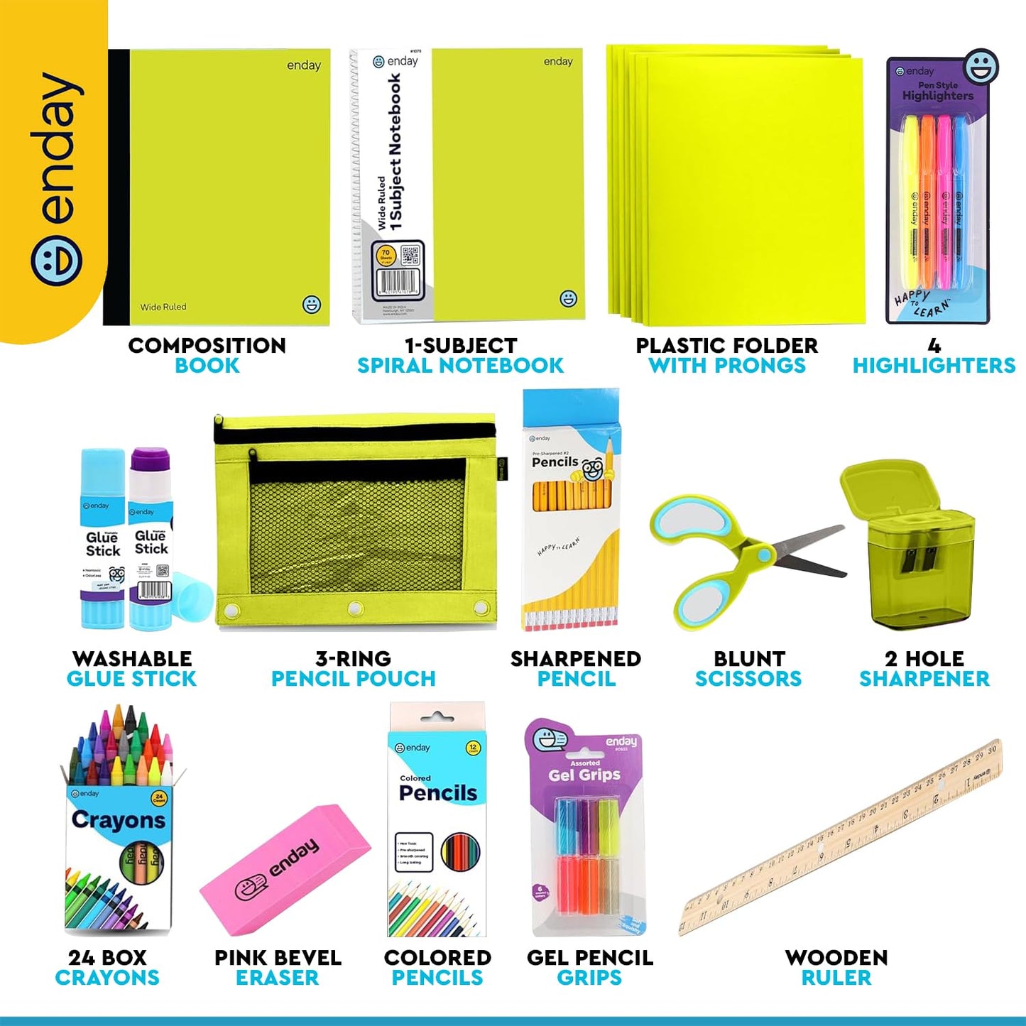 Enday Back to School Supplies for Kids, Green School Supply Box Grades K-5, Premium Quality Kids School Supplies Kit, Kindergarten School Supplies for Girls and Boys, 78 Piece Set