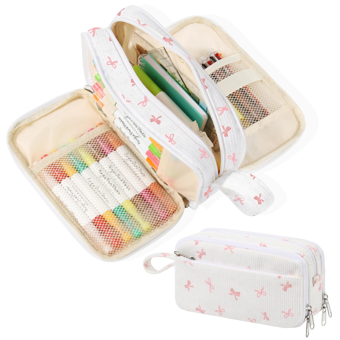 BuyCard Large Capacity Cute Pencil Case, Aesthetic Pen Pouch, White with Pink Bow Pattern Pencil Bag, Kawaii Stationery Storage and Organizer, Supplies for Teen and Adult Girls
