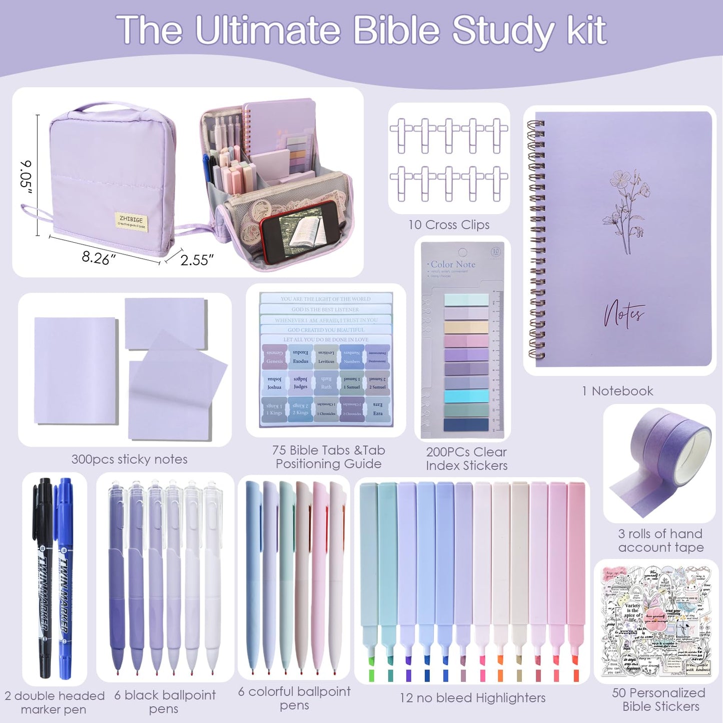 J6&H6 170Pcs Complete Bible Study Supplies, Bible Journaling Kit, Foldable Pencil Case with 75 Tabs,12 Pastel Bible Highlighters More Bible Accessories Set for Women, Beginner Christian Gifts (Purple)