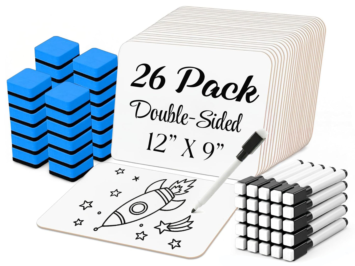 26 Pack Dry Erase Lapboards 12" x 9" - Double Sided Small Dry Erase Boards with 26 Markers & Erasers - Bulk Mini White Boards for Students, Kids, Teachers & School - Classroom Whiteboard Supplies