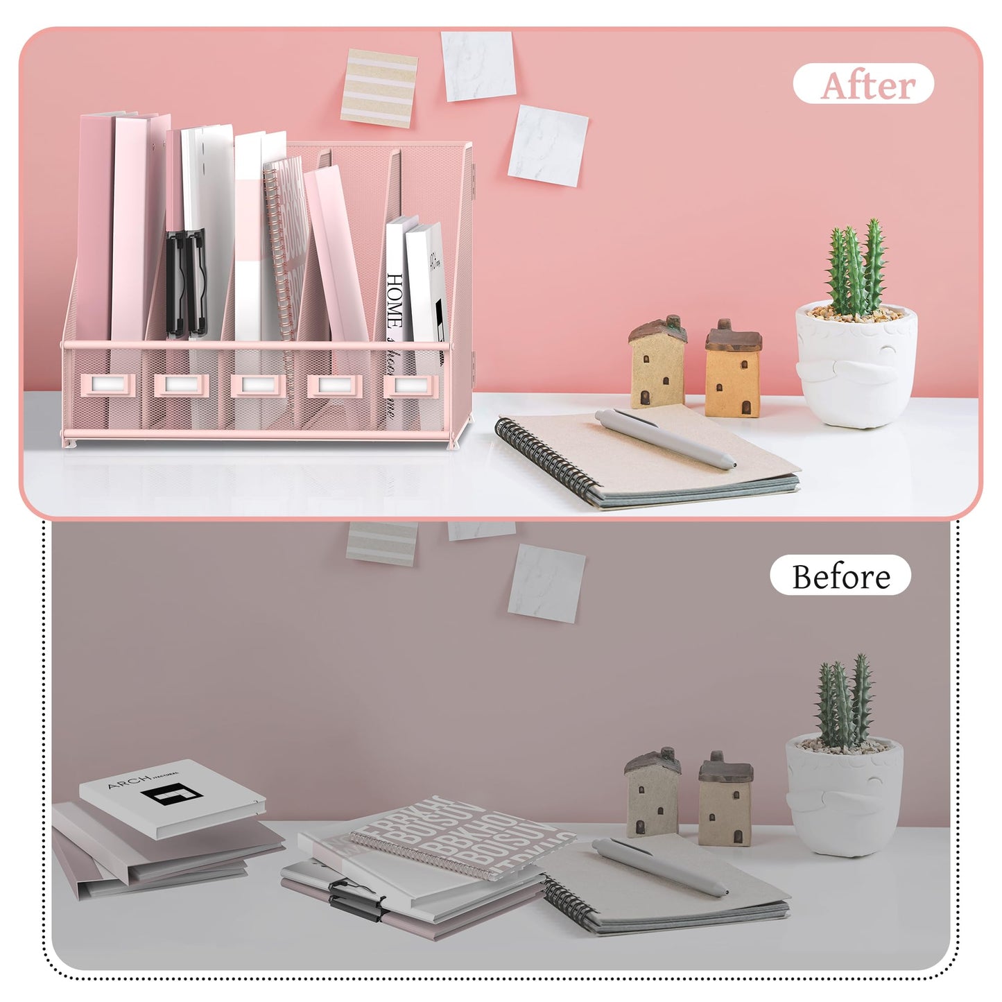 SUPEASY Desk Organizers Metal Desk Magazine File Holder with 5 Vertical Compartments Rack File Organizer for Office Desktop, Classroom, Home Workspace, Pink