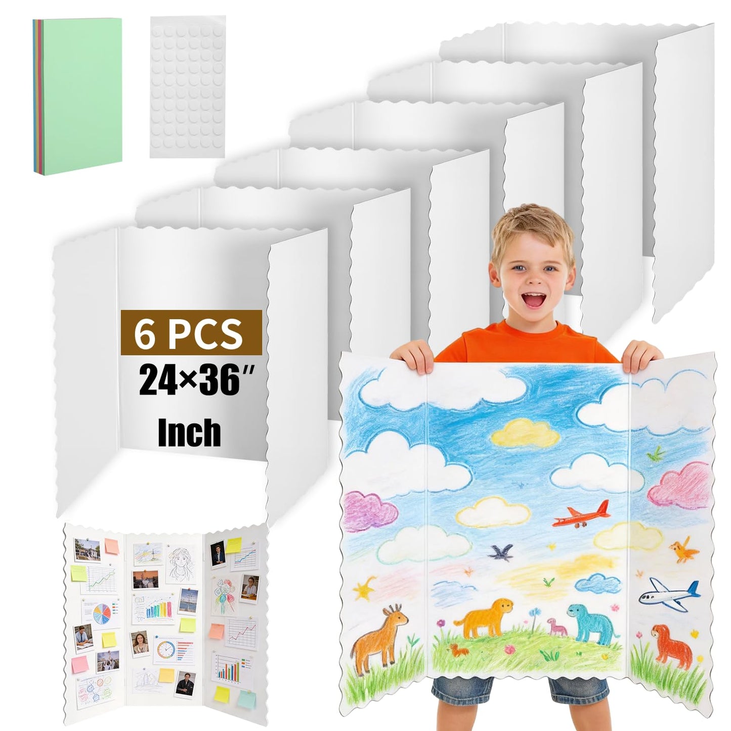 6 Pack 24" x 36" White Trifold Poster Board Bulk, Corrugated Foldable Tri-fold Display Board for Science Fair, School Projects, Presentations, Art, Business & Classroom Supplies