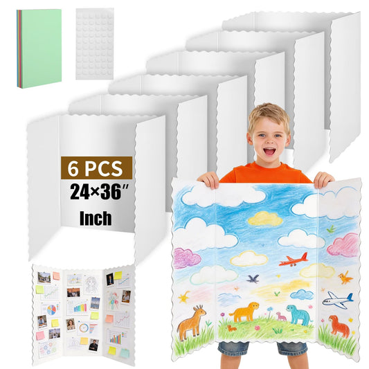 6 Pack 24" x 36" White Trifold Poster Board Bulk, Corrugated Foldable Tri-fold Display Board for Science Fair, School Projects, Presentations, Art, Business & Classroom Supplies