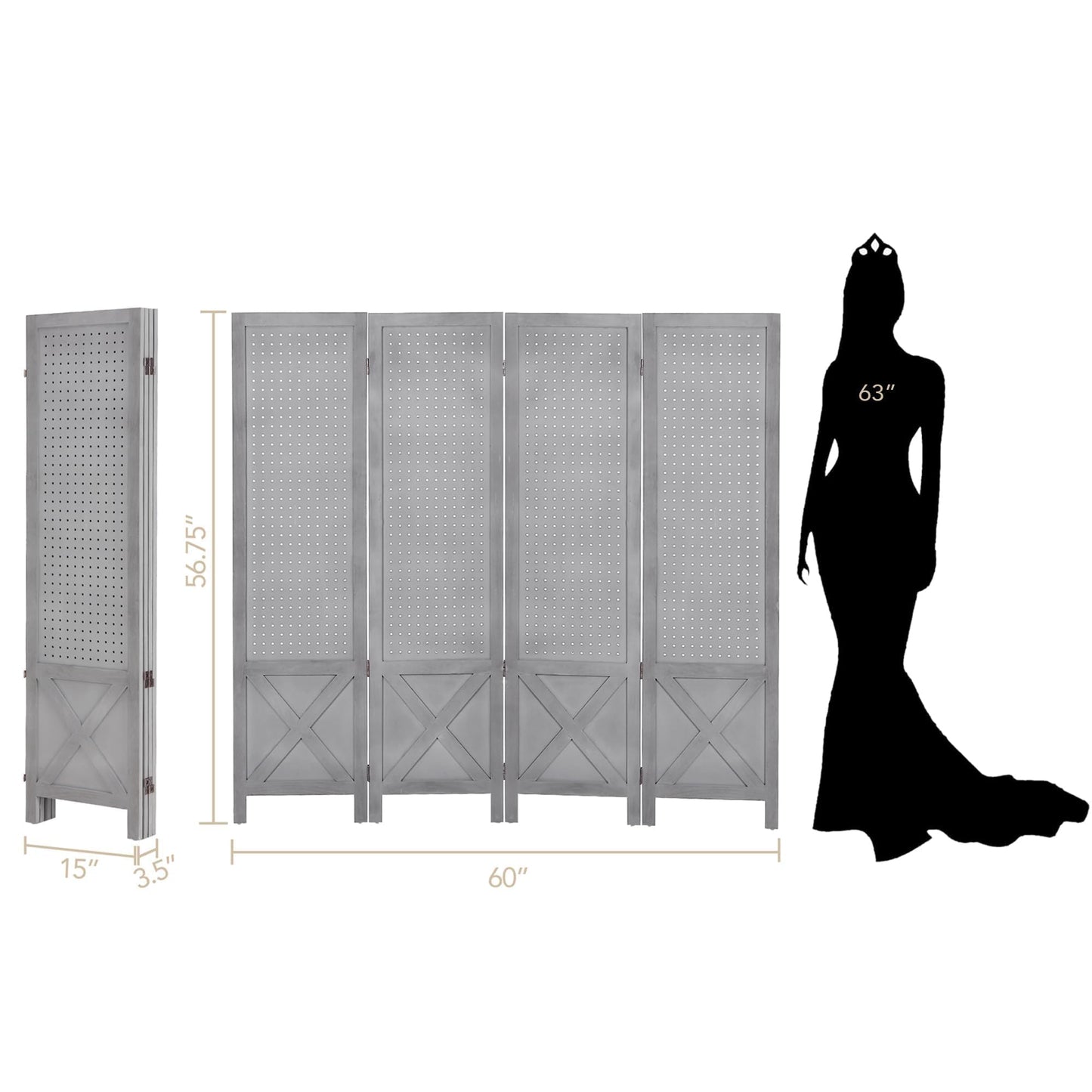 Wnutrees 4 Panel Pegboard Display, 5 Ft Wood Folding Privacy Screens Room Divider, Portable Freestanding Display Board for Craft/Art Shows, Retail, Events, Wall Organizer, Rustic Barnwood, Grey