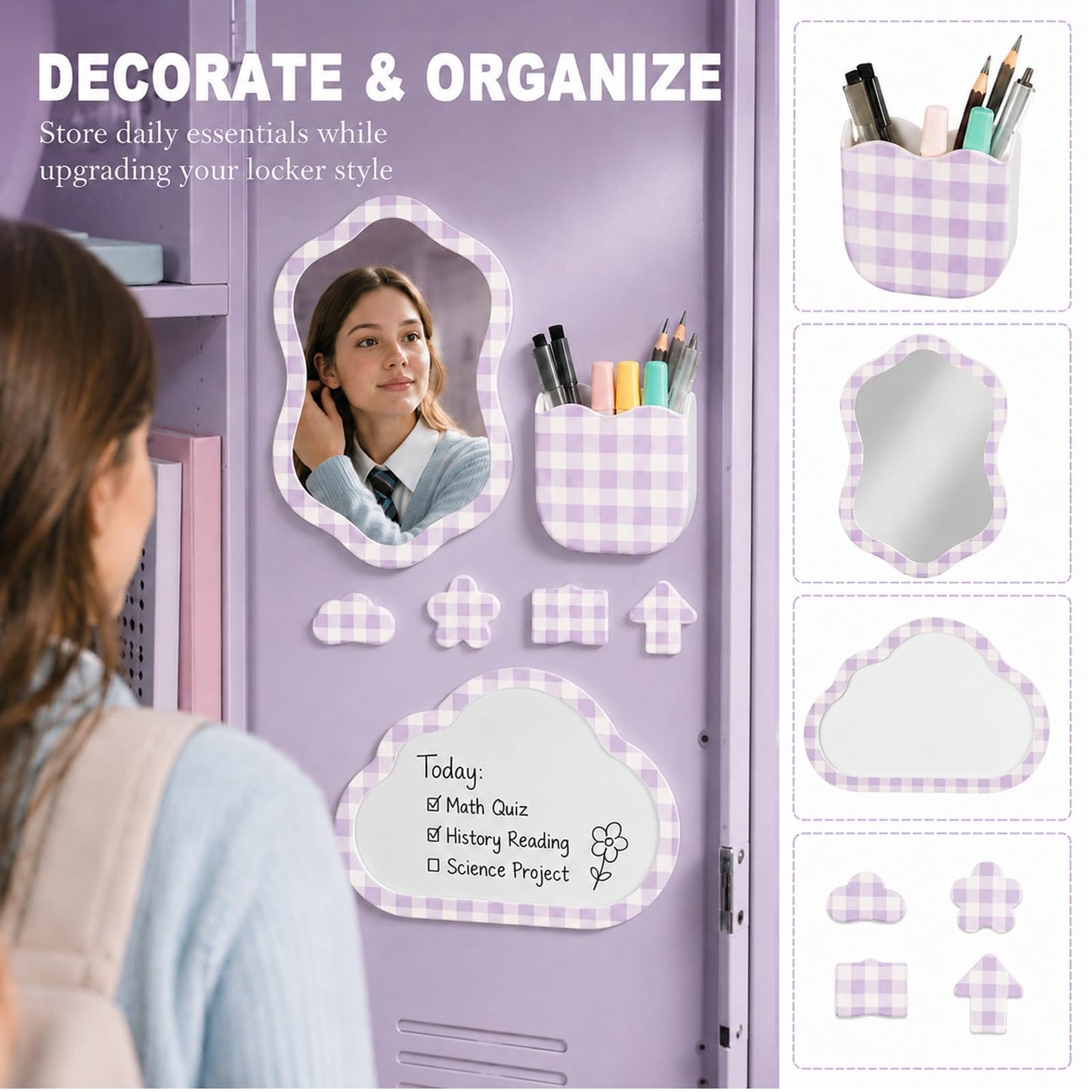 Svartur Magnetic Locker Accessories Set - Locker Mirror, Dry Erase Whiteboard, Magnetic Pen Holder & Cute Magnets, Aesthetic School Locker Decor for Girls, Locker Organizer Kit, Purple