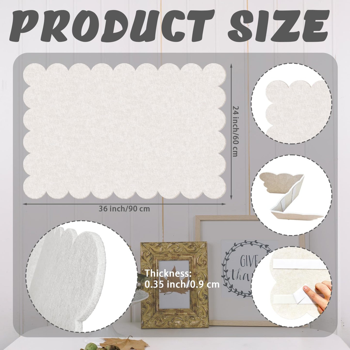 Beige Scalloped Felt Bulletin Board - 36 x 24 Inches Large Felt Board Foldable Cork Board Alternative Photo Board Self-Adhesive Vision Board Decorative Pin Board for Wall