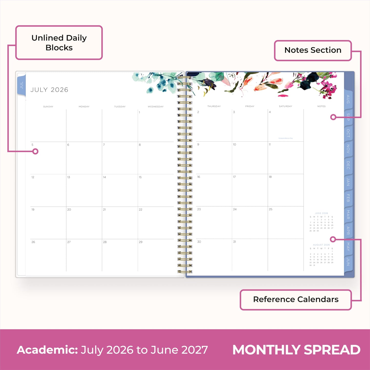 Blue Sky Kelly Ventura 2026-2027 Weekly and Monthly Academic Year Student Planning Calendar, July 2026 - June 2027, 8.5" x 11", Flexible Cover, Wirebound, Laminated Tabs, Storage Pocket, Magnetic & Snap In Book Marks, Includes Stickers, Blooming