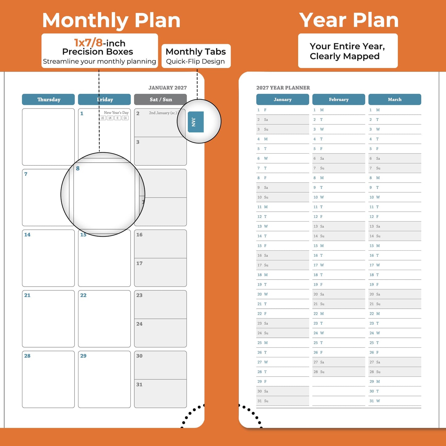 IN-LUXPRO Planner 2026-2027 Daily Weekly and Monthly,6.5"x3.75",18 Months Spiral Bound Calendar Agenda with Self-adhesive Pen Holder,2026 Academic Plan with Vegan Leather Soft Cover,Orange