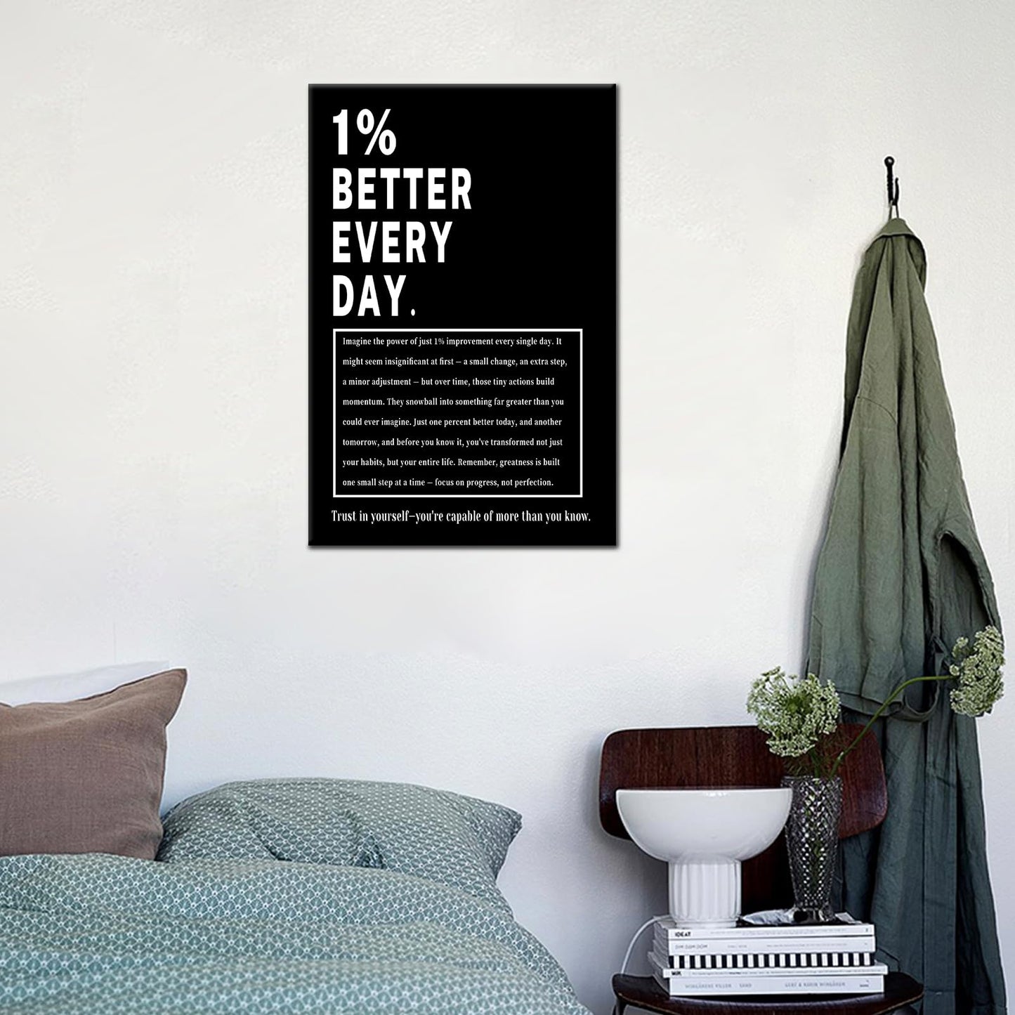 Motivational Wall Art 1% Better Every Day Inspirational Office Decor Framed Canvas Print Small Workout Poster for Home Gym Growth Mindset Sign Positive Daily Affirmation Decor [12''Wx18''H]