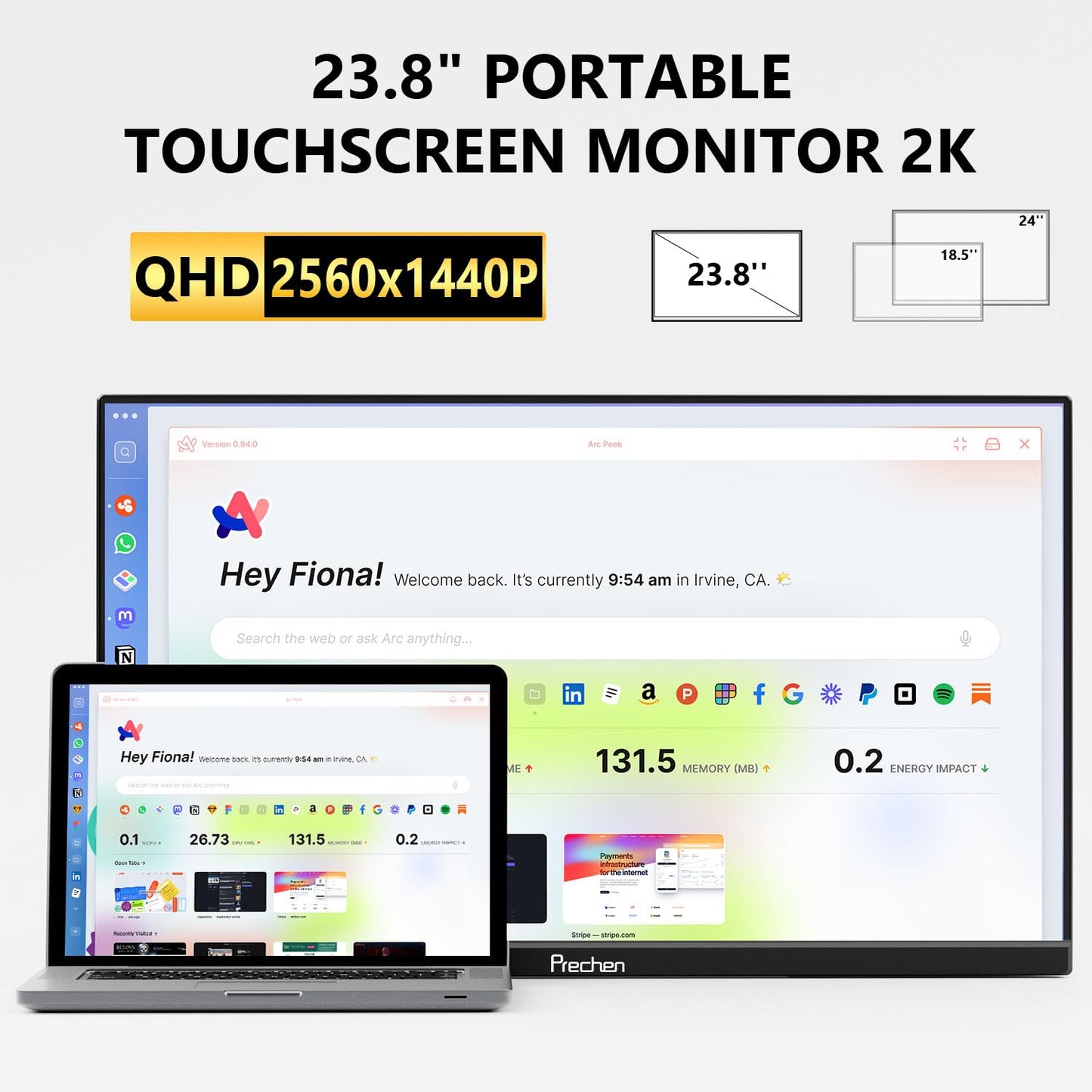 Prechen 23.8 Inch 2K 100Hz Large Portable Touchscreen Monitor 100% sRGB IPS Portable Touch Display QHD w/90° Adjustable Stand USB-C HDMI Laptop Monitor Desktop 2560X1440