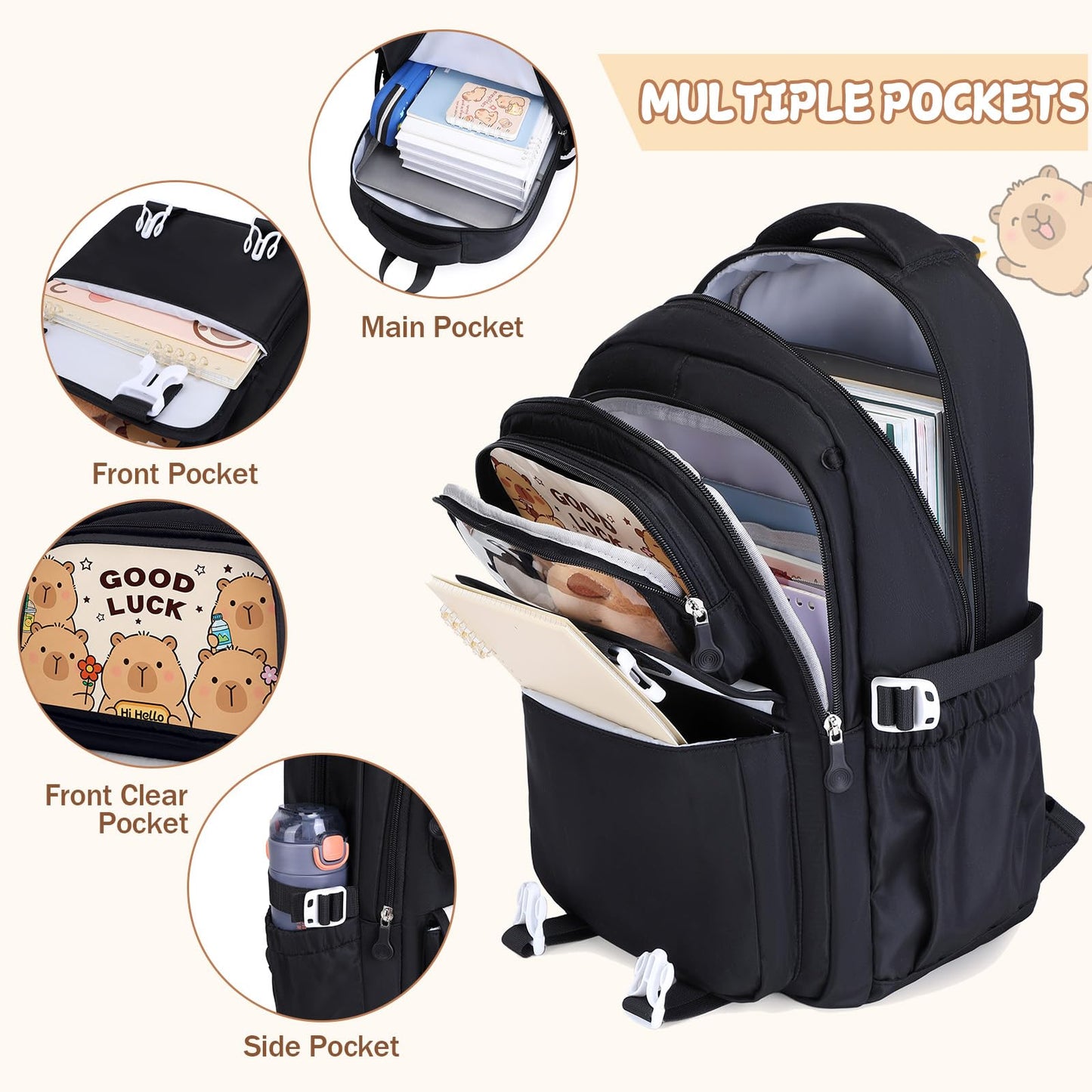 Similove Backpack for School Girls, 30PCS Gifts School Supplies Stationery Set with Lunch Box Pencil Case Pens Pencils Notebook Cartoon Gifts for Kindergarten Elementary Student(Black)
