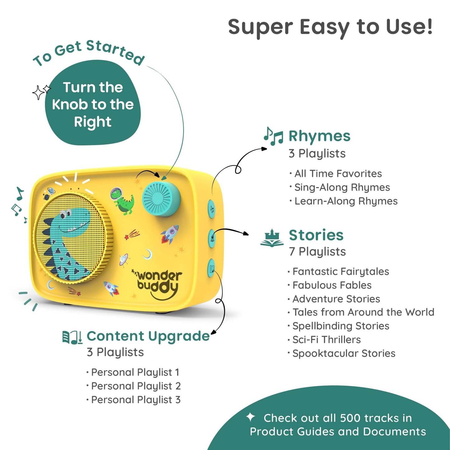 WonderBuddy Kids Story Box Audio Player, 500+ Preloaded Stories & Rhymes, Story Writing DIY Art Kit, Voice Recorder, Content Upgrade, Bluetooth, Birthday Gift for Boys Girls 3+ Years- Dino