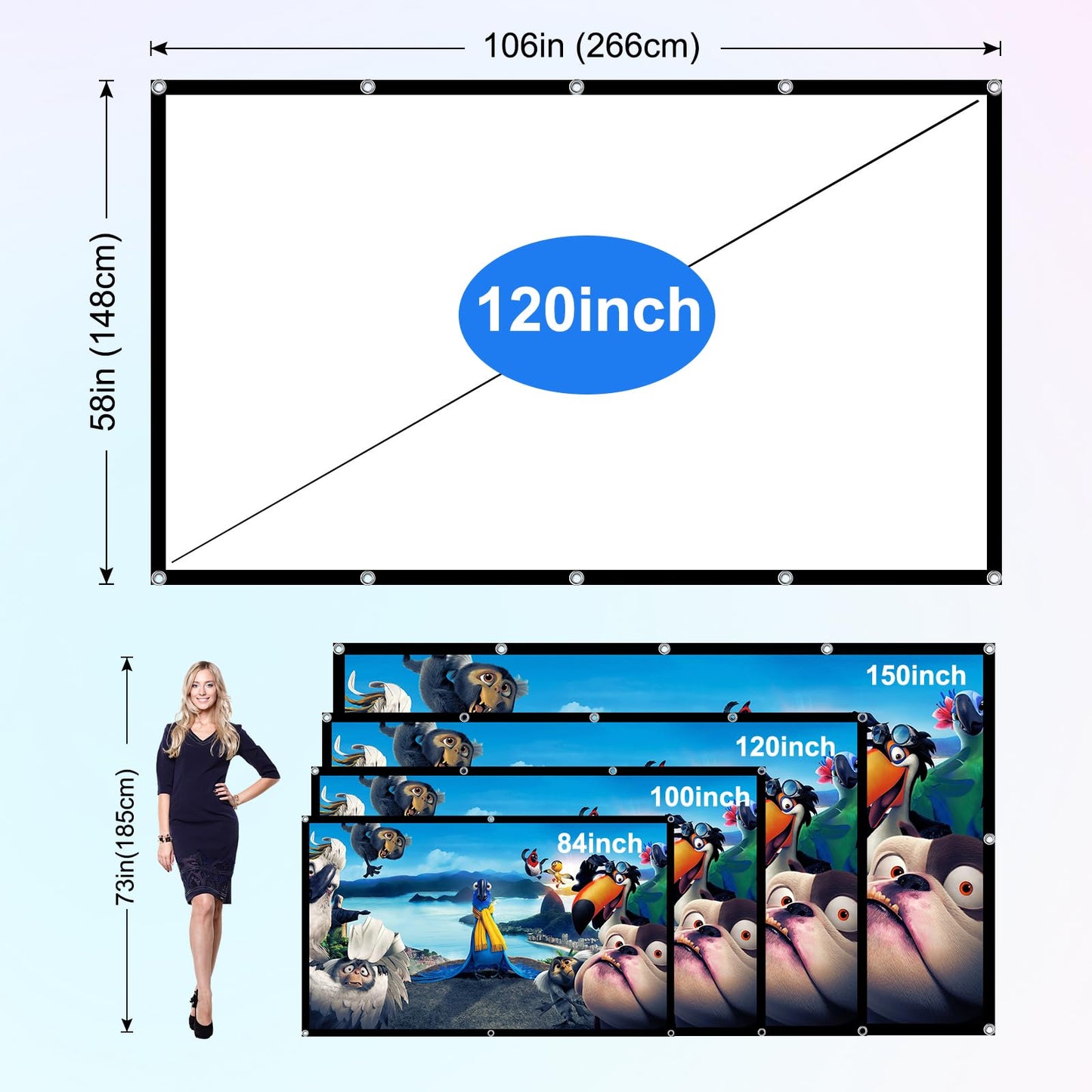 Projector Screen 120 inch，Portable Movie Projector Screen 16:9 HD Indoor Outdoor Double Sided Rear Projection Screen Video for Home, Party, Office, Classroom