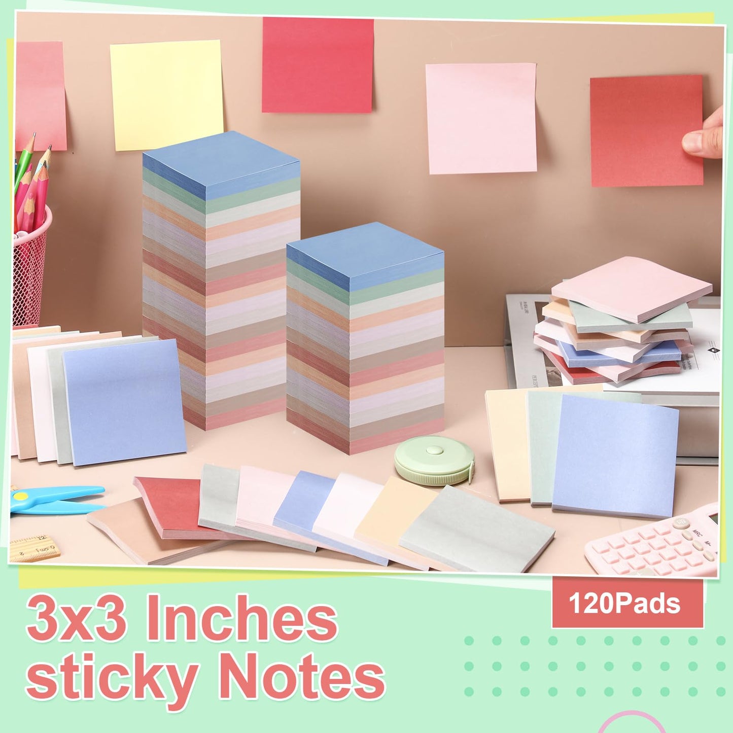 Fainne 120 Pack Sticky Notes Bulk 3 x 3 inch Self Stick Note Pads Multicolor Paper Memo for Office School Supplies Student Teacher Classroom Back to School Essentials, 50 Sheet/Pad(Pastel Color)