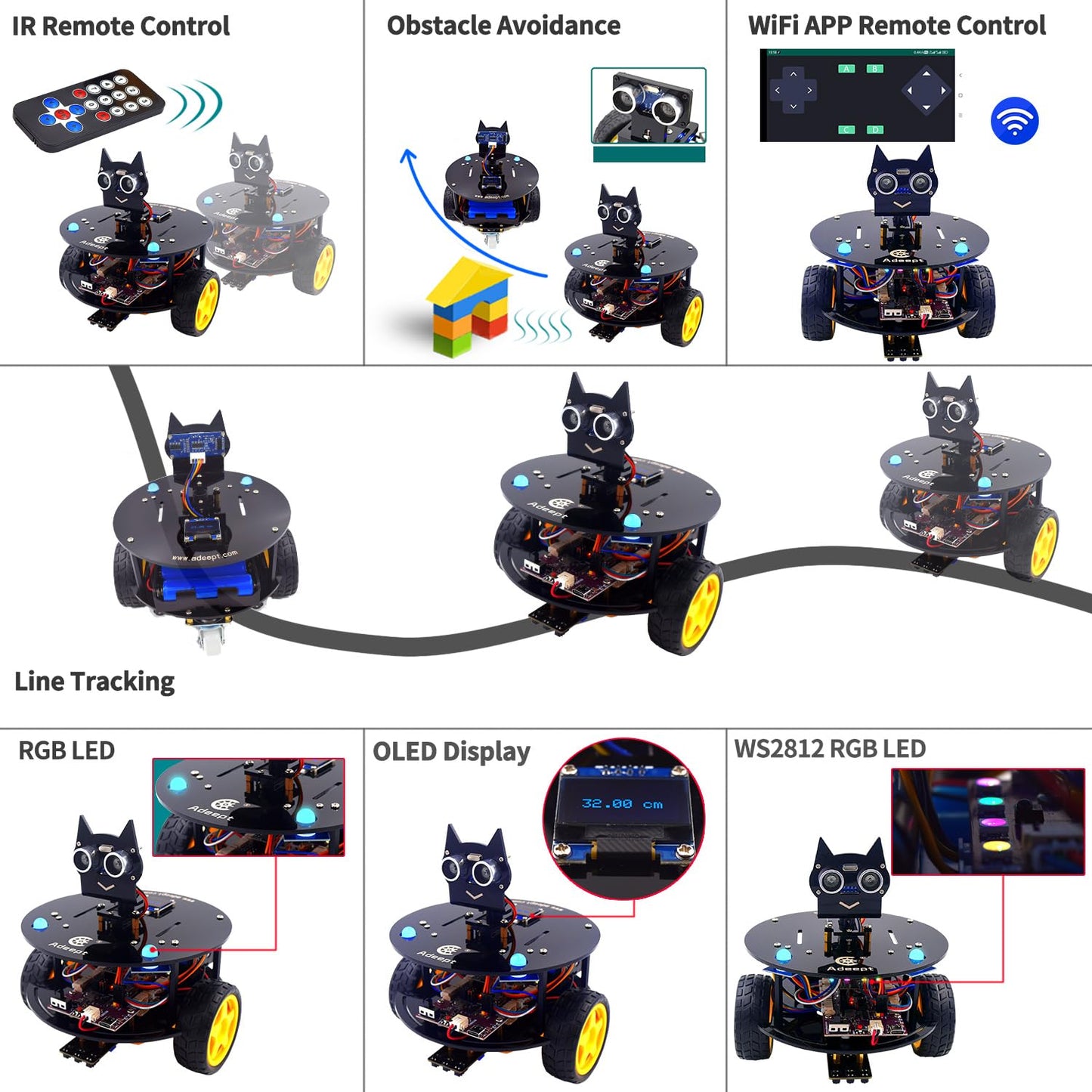Adeept Smart Car Kit(Compatible with Arduino IDE), Line Tracking, Obstacle Avoidance, OLED Display, Ultrasonic Sensor, Wireless Remote Control, DIY STEM Educational Robot Car Kit (Black)