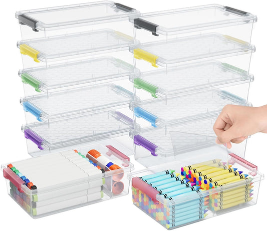 GEOPHIA 12 Pack Extra Large Pencil Box with Removable Divider, Thickened Pencil Case Bulk, Clear Crayon Marker Organizer Stackable Plastic Small Storage Containers for Pen Craft School Supplies, Multi