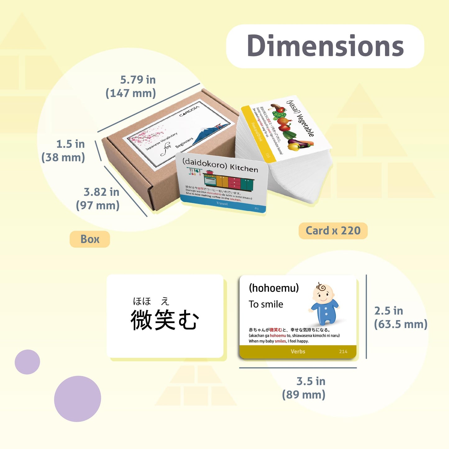 Japanese Vocabulary Flash Cards for Beginners (with Illustrations and Example Sentences), Standard Playing Card Size, Sturdy, Water Resistant