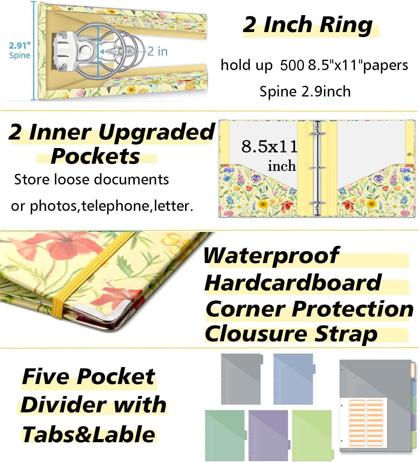 3 Ring Binder 2 Inch, Three Ring Binders Organizer with Clipboard, 5-Tabs Pockets Dividers, Plastic Folder, 18 Divider Stikers, KLLVE Cute Binder with Pen Loop (Garden Party, Letter Size)