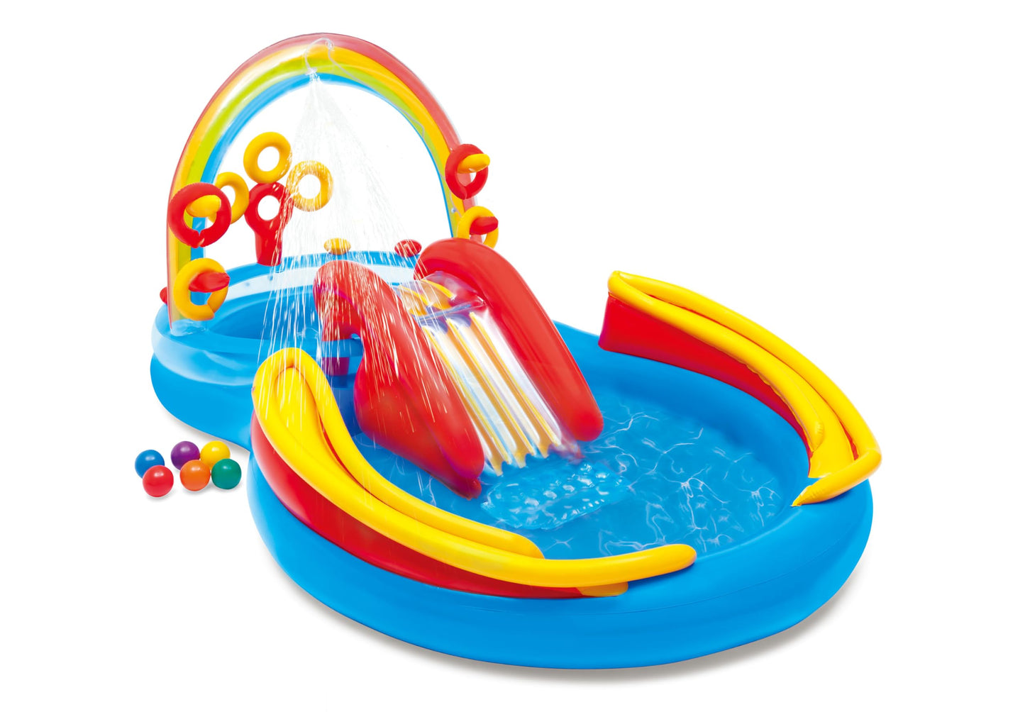 Intex 57453EP 9.75 Foot x 6.3 Foot x 53 Inch Multicolor Rainbow Slide Kids Inflatable Pool with Water Slide and Ring Toss for Children Ages 2 and Up