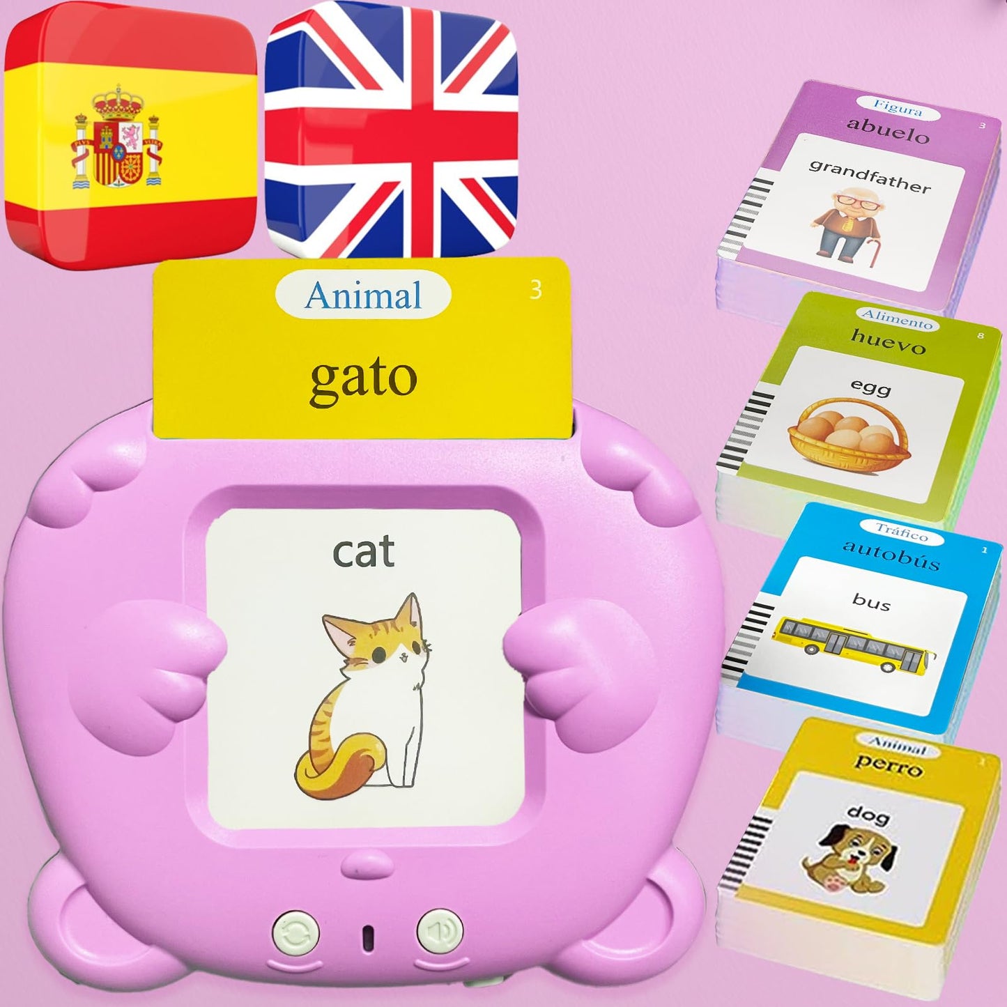 MoLingvora Bilingual Talking Flash Cards for Kids - Español Spanish English Flashcards Children Adults, 510 Sight Words, ABC Alphabet, Pocket Speech for Toddlers, Audible Sensory Toys (Spanish, Pink)