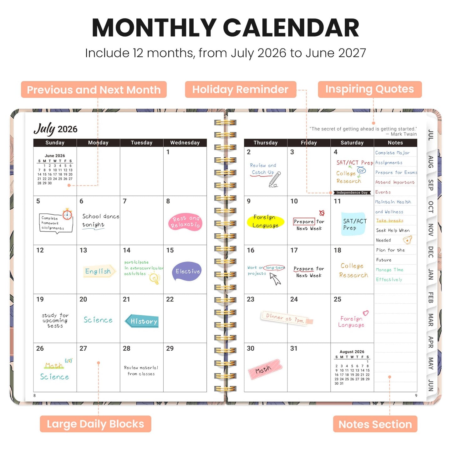 Academic Planner 2026-2027, Monthly and Weekly Calendar Planner, July 2026 - June 2027, Pretty Hardcover Teacher Student Planning Agenda Book with Tabs, Fit for School Office Supplies, 6.3" x 8.5", Lilac Garden