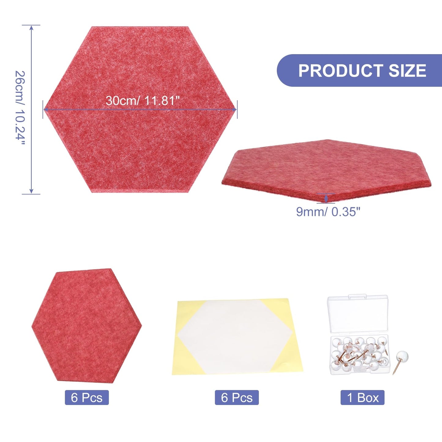 PATIKIL Felt Bulletin Board, 12"x10", 6 Packs Self Adhesive Hexagon Felt Tiles for Sound Proofing Wall Panels for Home Office Recording Studio,Game Room, Light Red