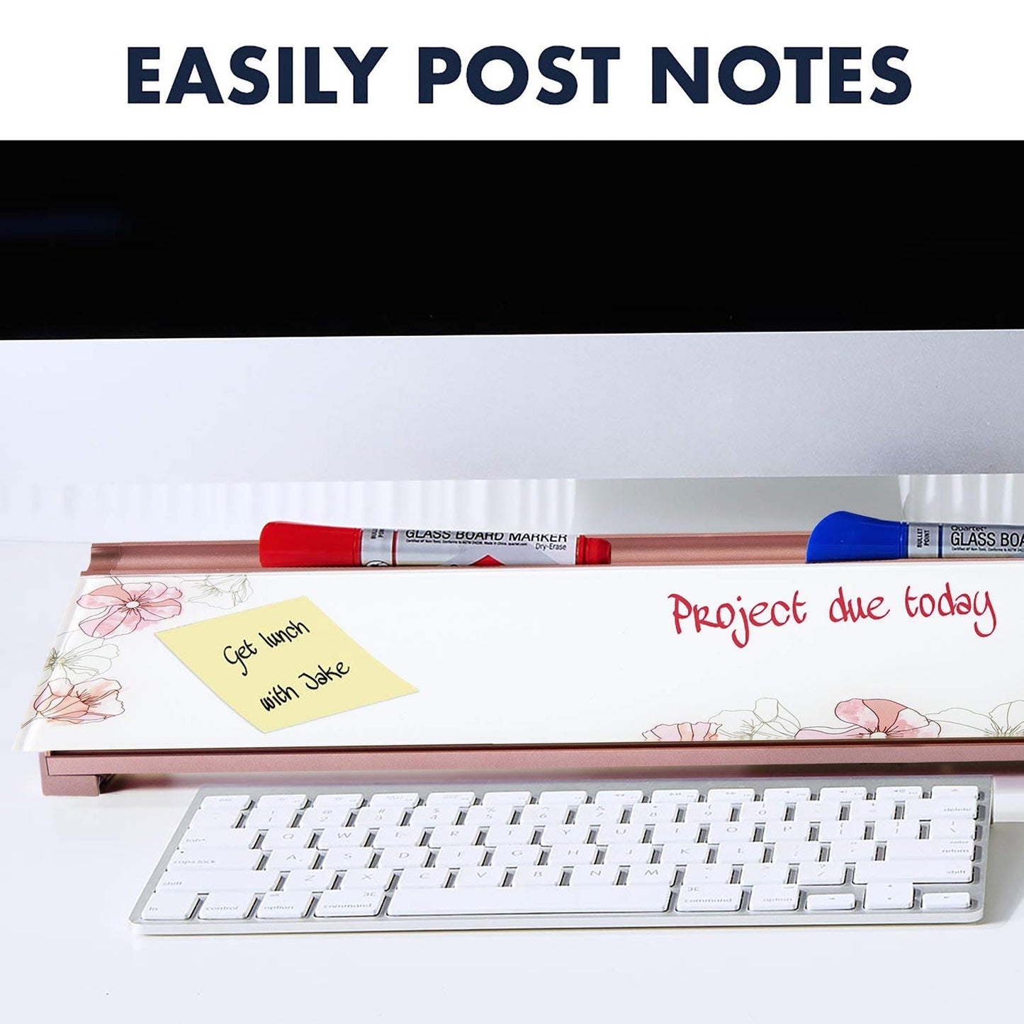 Quartet Glass Dry Erase White Board 18"W x 6"H, Compact Desktop Whiteboard with Storage Drawer, Floral (GDP186P)