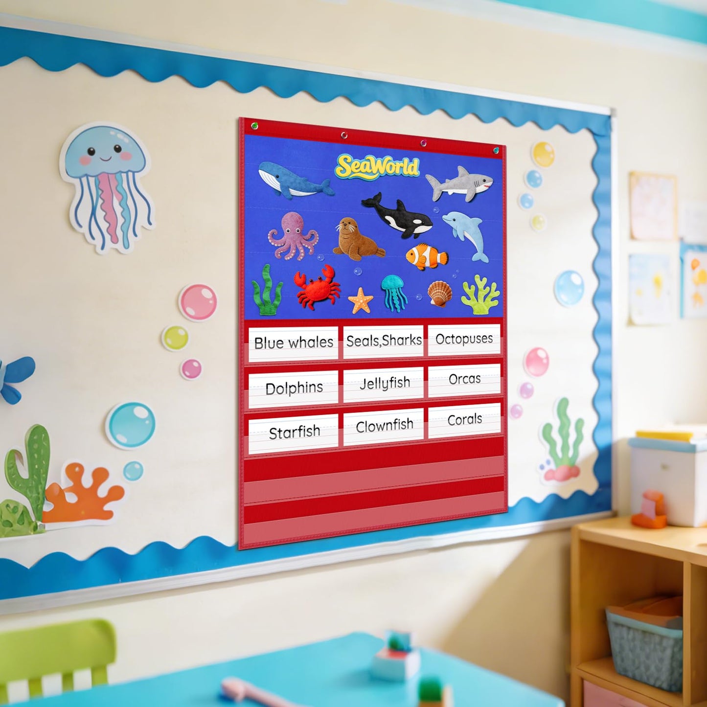 AUVCAS Felt Board for Wall – Classroom & Homeschool Pocket Chart, Flannel Board with 5 Clear Pockets & 4 Metal Grommets,Includes 15 Dry Erase Sentence Strips & 54 Adhesive Dots,37.5" x 27.8"