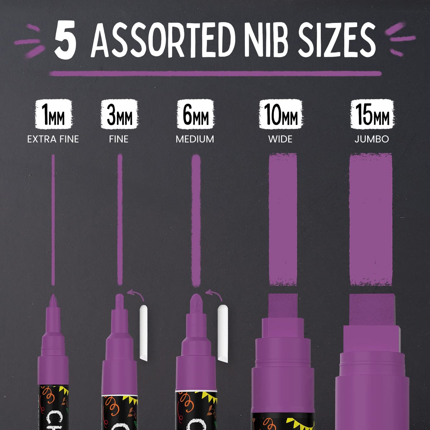 5 Purple Chalkboard Chalk Pens - Purple Dry Erase Markers for Blackboard, Chalkboard Signs, Windows, Glass | Variety Pack - Fine & Jumbo Size Ink Pen (1mm, 3mm, 6mm, 10mm, 15mm)