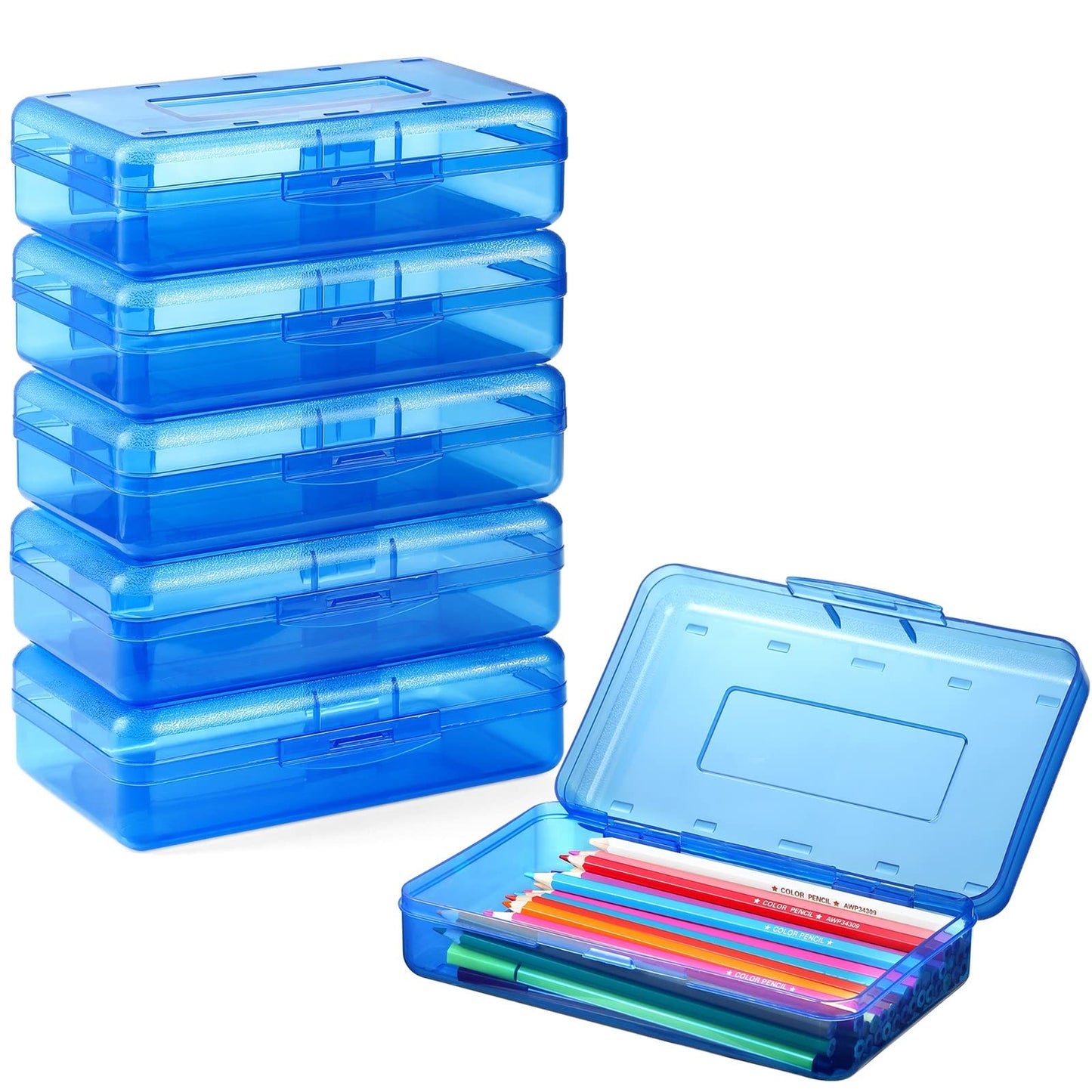 Sooez Clear Pencil Case 6 Pack – Plastic Pencil Box & Crayon Box Bulk, Large Storage Containers with Snap Lids | Stackable Marker Craft & Art Supply Storage Organizer, Pen Case for School Supplis,Blue
