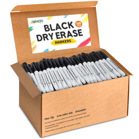 Jumlys 168 Pack Fine Tip Dry Erase Markers, Bulk Whiteboard Erasable Black Markers, Ideal for School Classroom Office Supplies, Non-Toxic & Easy Clean for White board