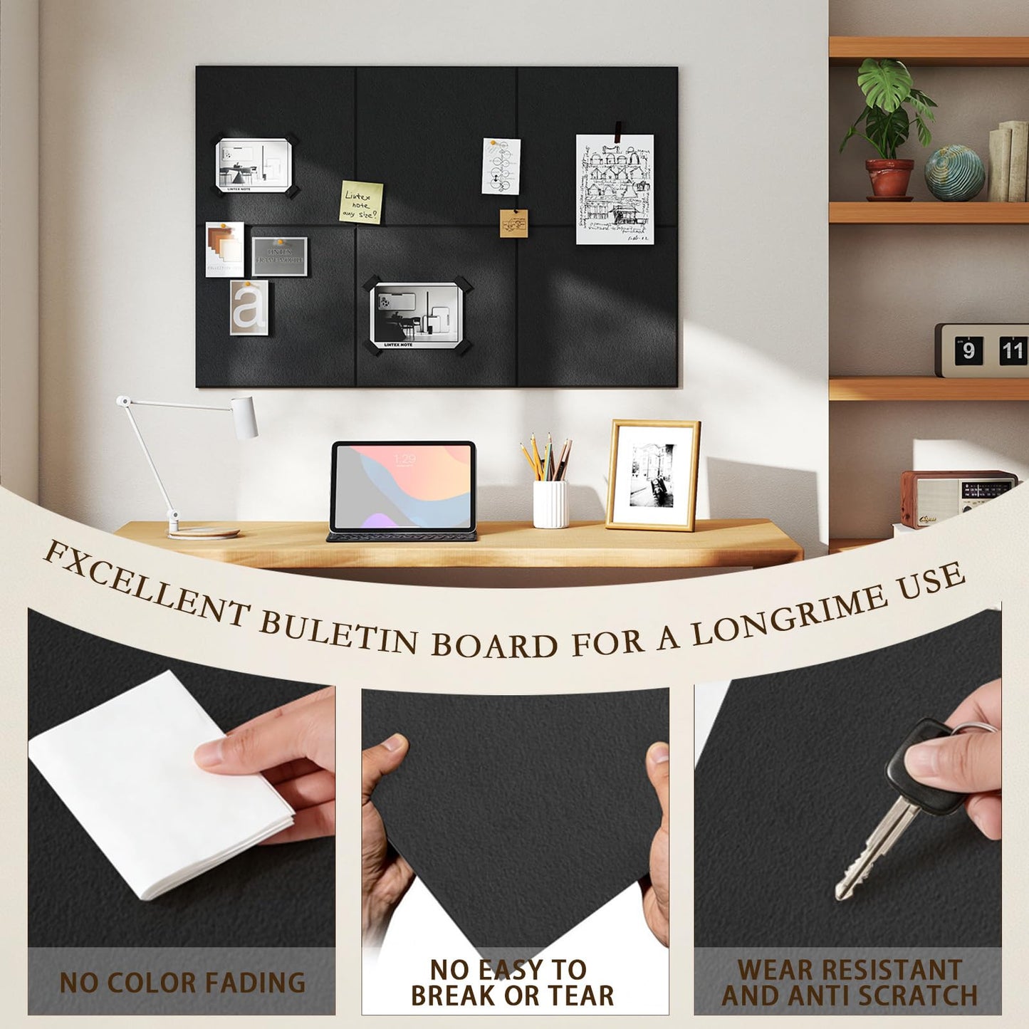 JBER Large Felt Bulletin Board 48"x36" - 12 Pack Felt Wall Tiles, Cork Board Alternative to Use in Office & Home Decor, Classroom Decor, Vision Board to Display Your Photos(Black)
