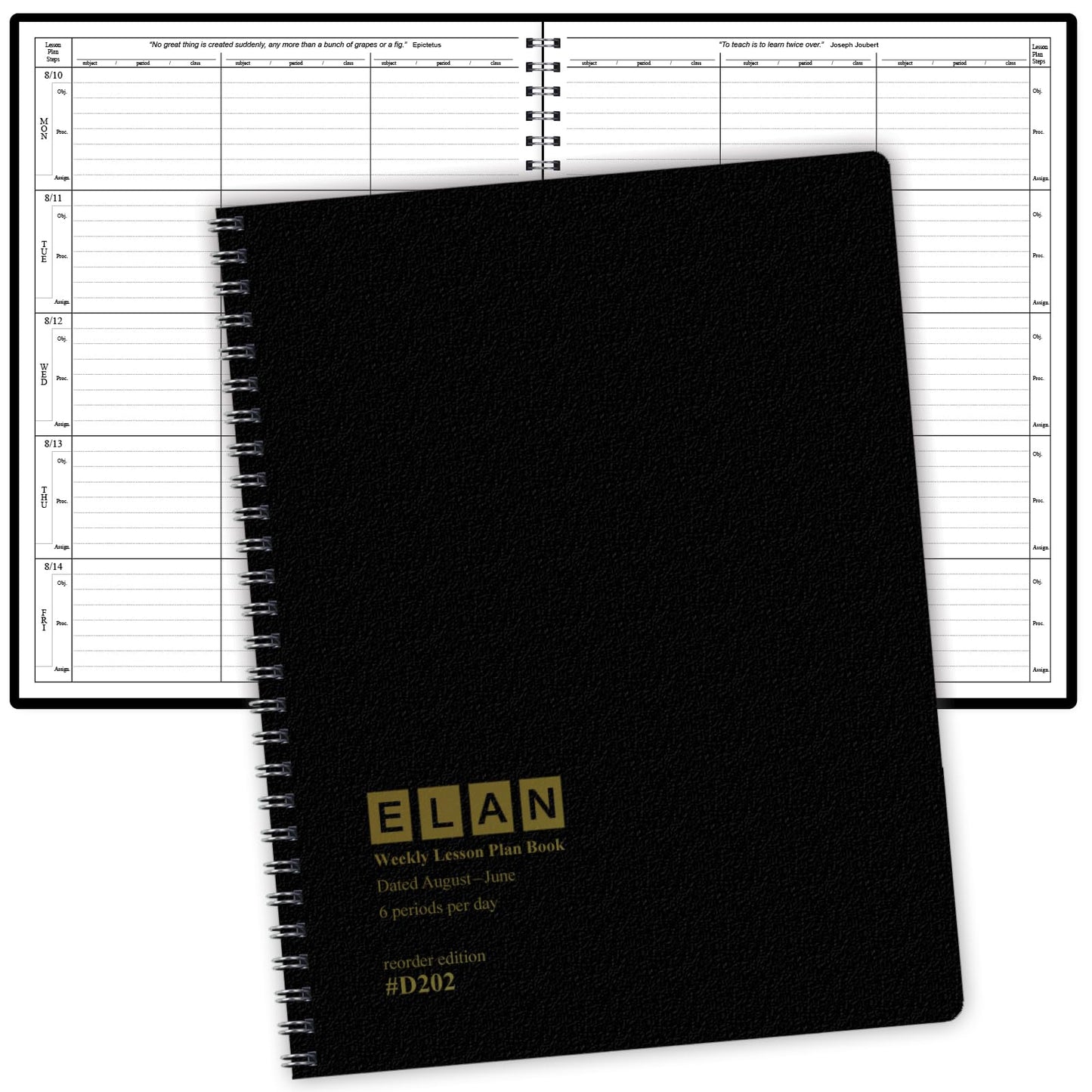 Elan Publishing Company Dated Teacher Lesson Plan 6 Period: Days Vertically Down The Side Dated for 2026-2027 Academic Year (Black)
