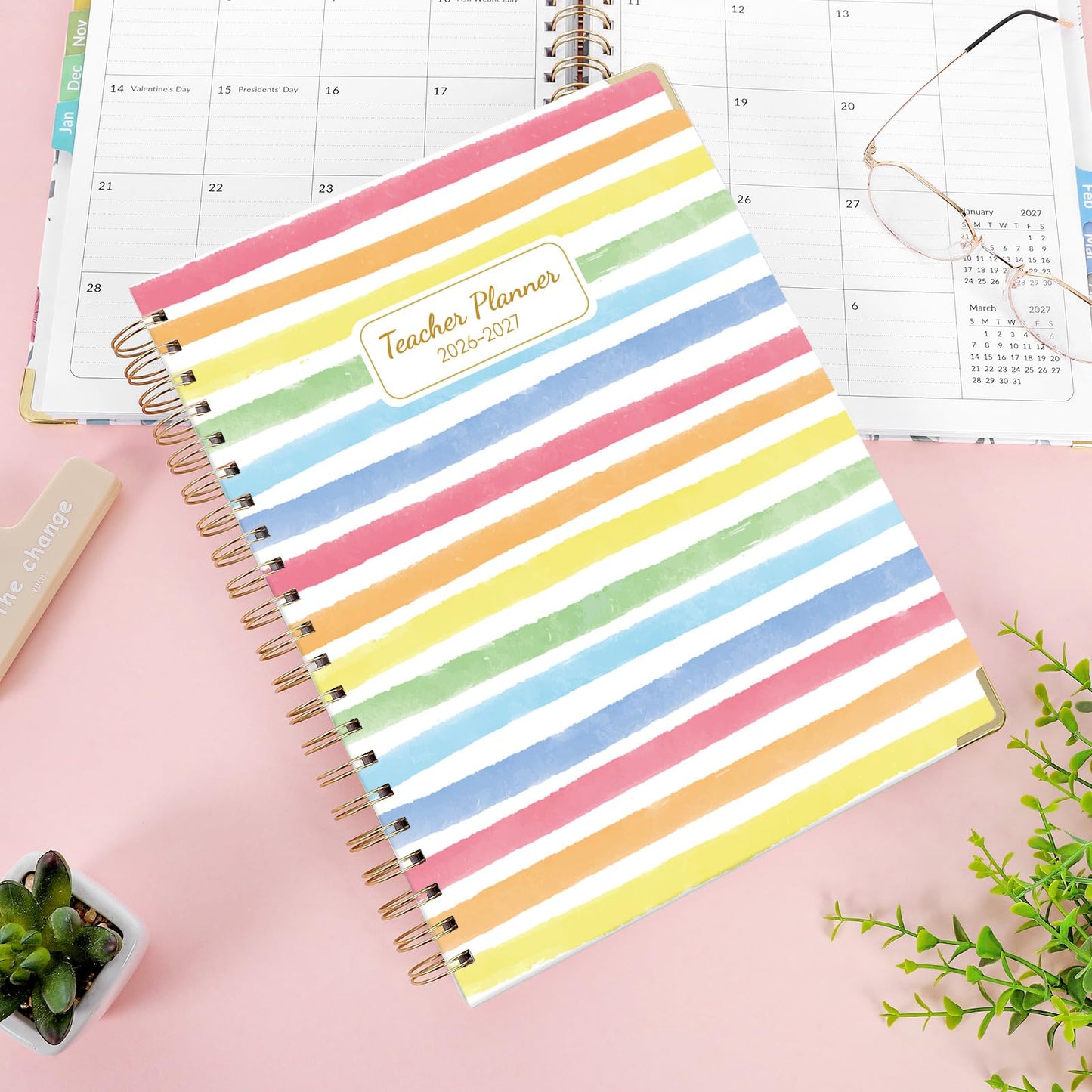SKYDUE Teacher Planner 2026-2027 Academic Year, 8.5" x 11" Deluxe Teacher Lesson Planner with Monthly Tabs & Stickers, Lesson Plan Book 26-27, Rainbow